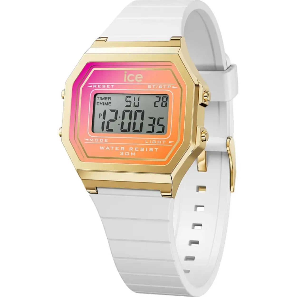 De ICE WATCH DIGIT RETRO - WHITE SUNKISSED - SMALL 022720 is een trendy en opvallend horloge dat perfect past bij een zomerse outfit. Het horloge heeft een digitale tijdaanduiding en een quartz uurwerk, waardoor het altijd nauwkeurig de tijd aangeeft. Met een diameter van 32 mm en een hoogte van 10 mm is dit horloge perfect voor mensen met een smaller pols.

De behuizing van de ICE WATCH DIGIT RETRO is vierkant en goudkleurig, gemaakt van stevig kunststof. De wijzerplaat heeft een opvallende oranje kleur die perfect past bij de zomerse sfeer van het horloge. Het glas van het horloge is gemaakt van plexiglas, wat zorgt voor een goede bescherming van de wijzerplaat.

De band van de ICE WATCH DIGIT RETRO is wit van kleur en gemaakt van comfortabel siliconen materiaal. De gespsluiting zorgt ervoor dat het horloge goed om de pols blijft zitten. Daarnaast is dit horloge voorzien van een handige datumweergave, zodat je altijd weet welke dag het is.