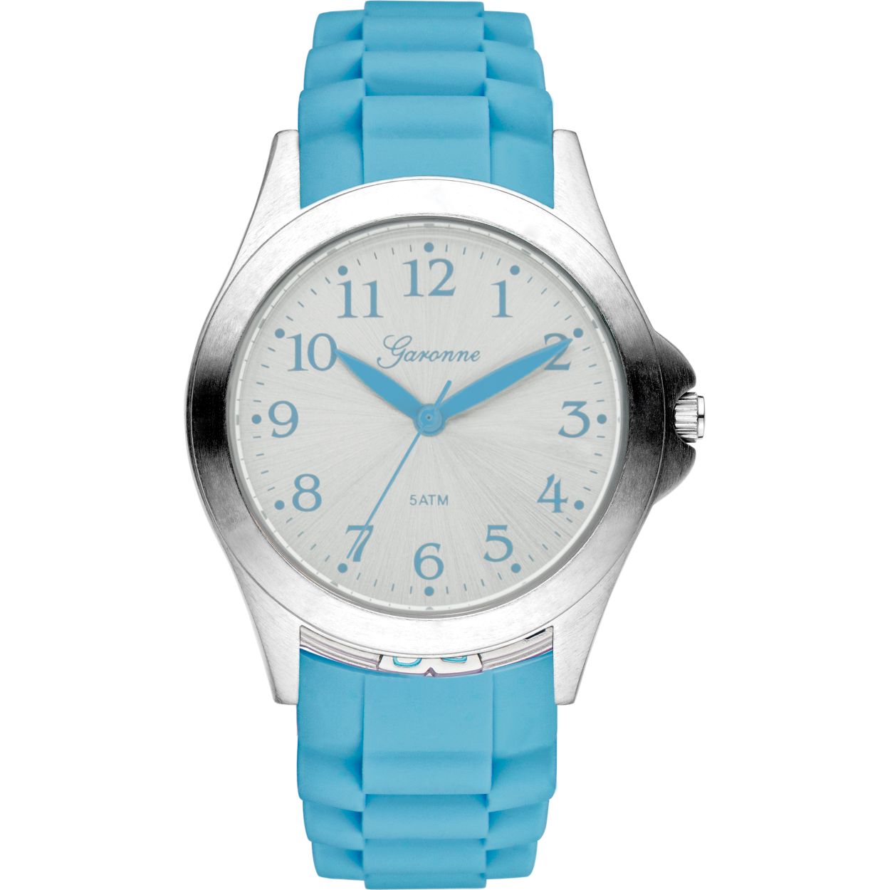 Garonne kinderhorloge KQ28Q466 met stalen kast en siliconen band.
Vrolijk kinderhorloge uit de Garonne  kindercollectie. Het licht blauwe horloge is voorzien van een zilverkleurige stalen kast met een afmeting van 34 mm met een witte wijzerplaat aquablauwe wijzers en index. De siliconen horlogeband sluit door middel van een gespsluiting. De Garonne horlogecollectie heeft horloges voor jongens en meisjes in verschillende kleuren en designs.