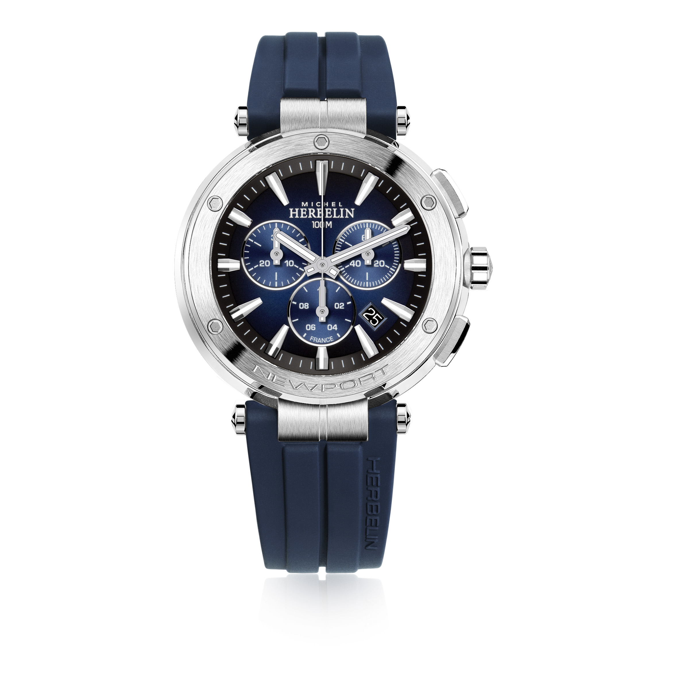 Herenuurwerk van Michel Herbelin met de referentie 37688/35CB -Collectie 'Newport' - Chronograaf met blauwe rubberen band - Stalen kast - Wijzerplaat multifunctie met datumaanduiding en saffierglas - Waterdichtheid: 10 ATM