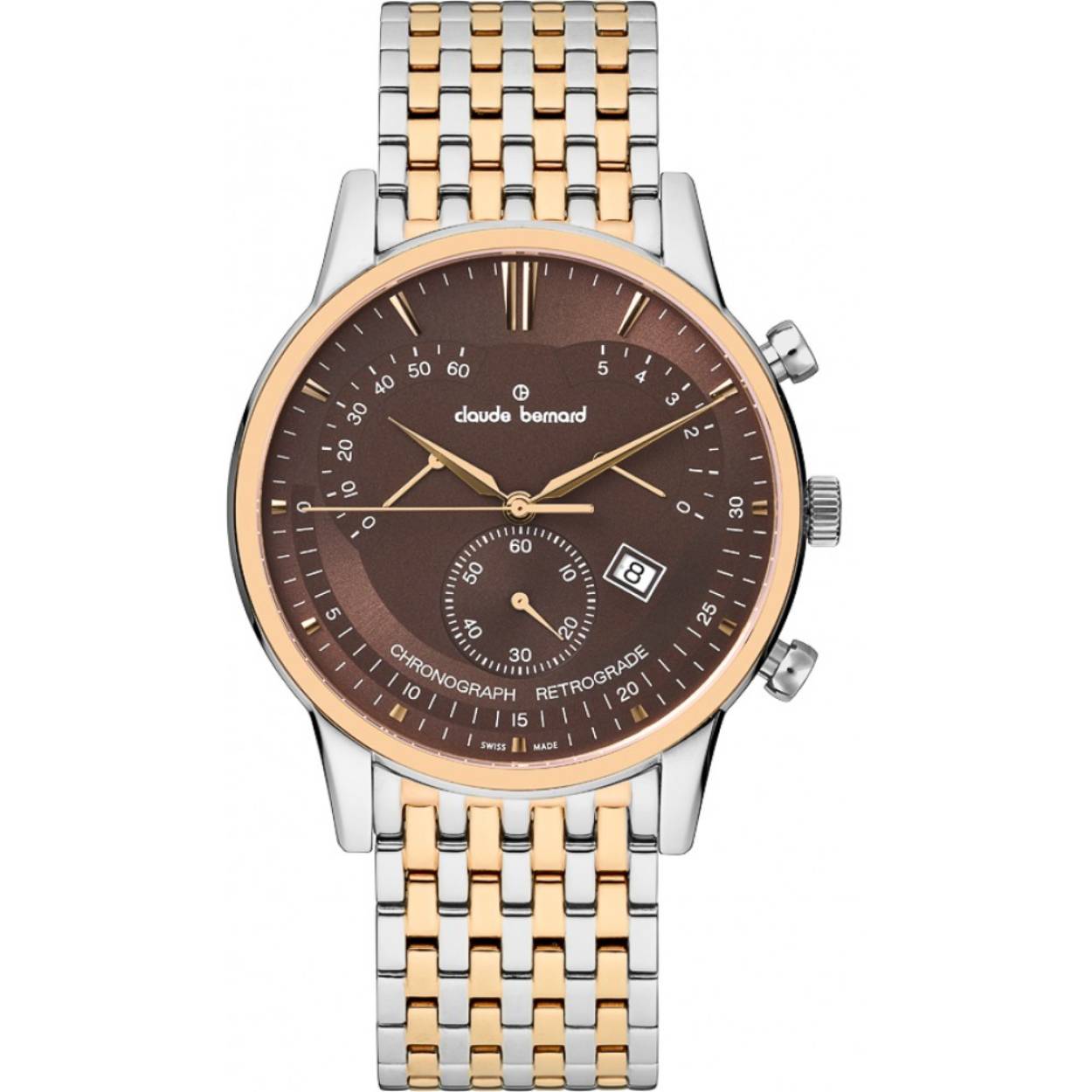 retrograde horloge met chrono en datum
Rosé en zilverkleurige band en kast met een chique bruine wijzerplaat
een uurwerk voor de uurwerk liefhebber