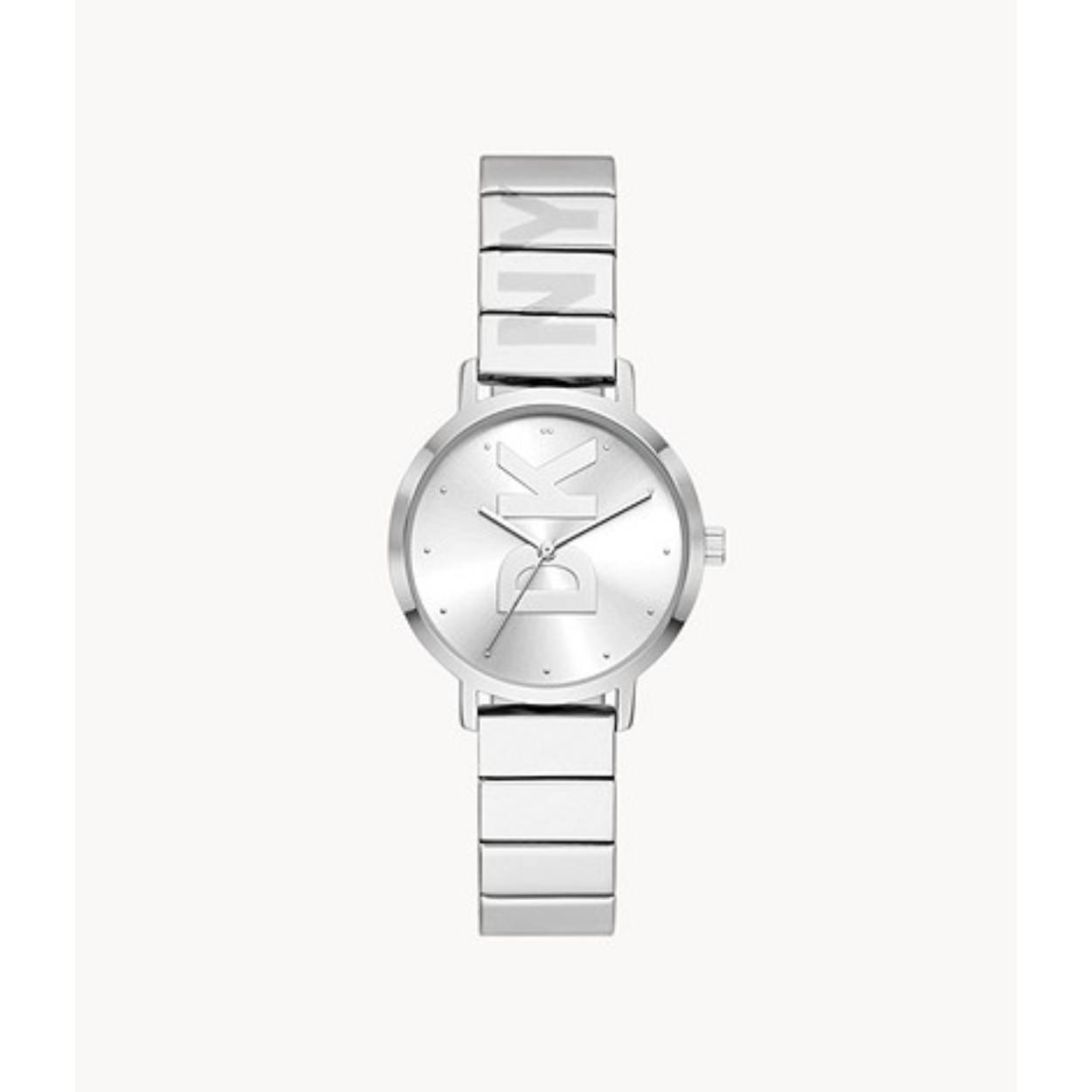 Dit DKNY horloge, uit the Modernist collectie, heeft een stalen band en kast. De wijzerplaat is mat zilverkleurig met zilverkleurige indexen en wijzers