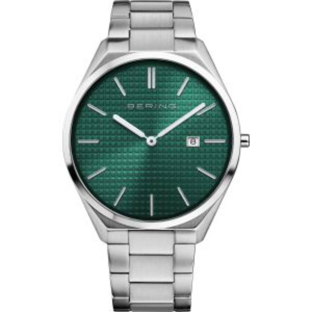 Bering heren horloge, Ultra Slim; Stalen band en kast, groene wijzerplaat met datum