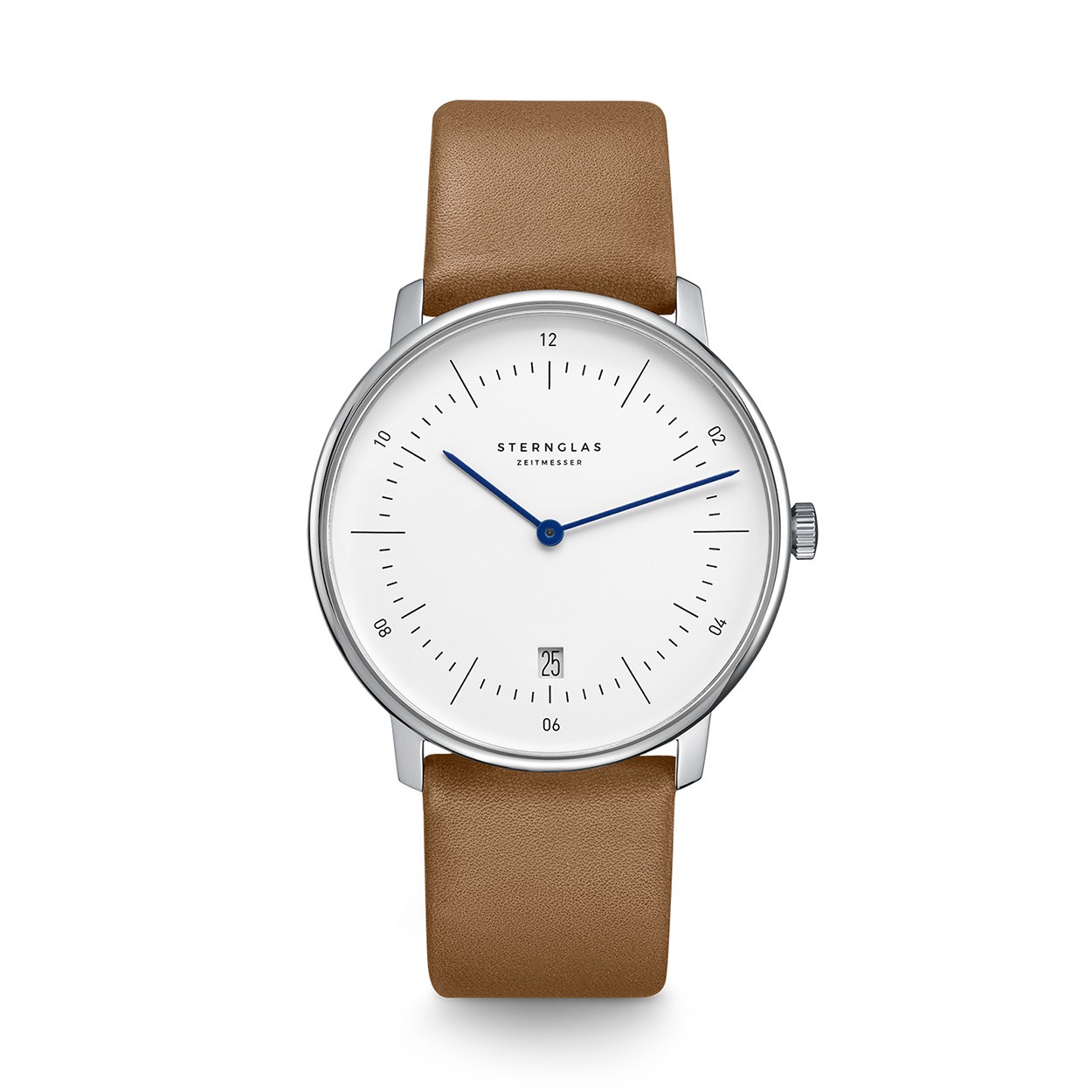 Een stalen horloge met bruin leren band