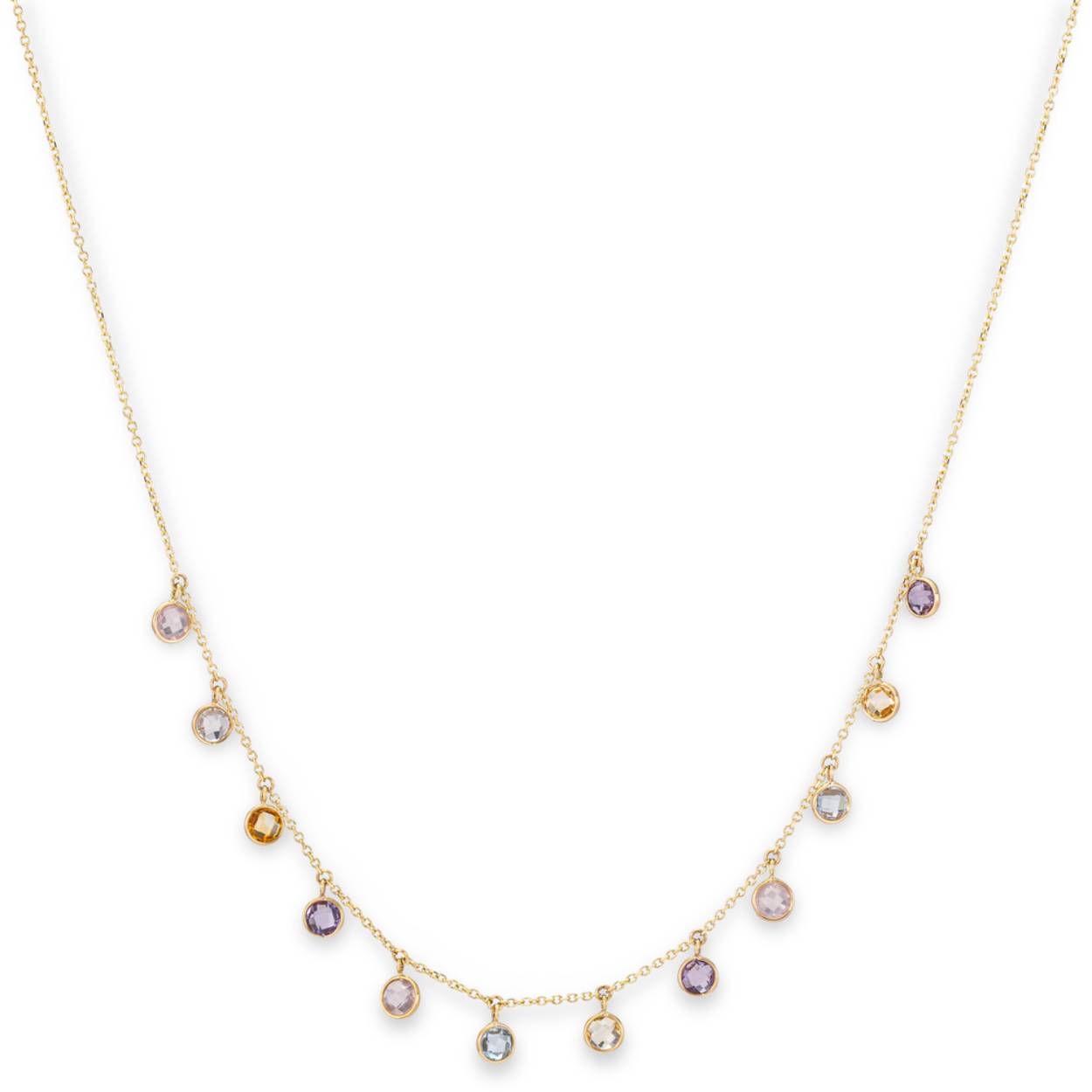 Ontdek de luxe van JH Brummer's Collier, vervaardigd uit schitterend 14kt geelgoud. Dit 1.2mm, 45cm lange meesterwerk is bezet met een betoverende mix van Citrien, Amethist, Blauwe Topaas en Roze Kwarts, perfect voor diegenen die stijl en kleur willen combineren. Een tijdloos juweel voor elke collectie.