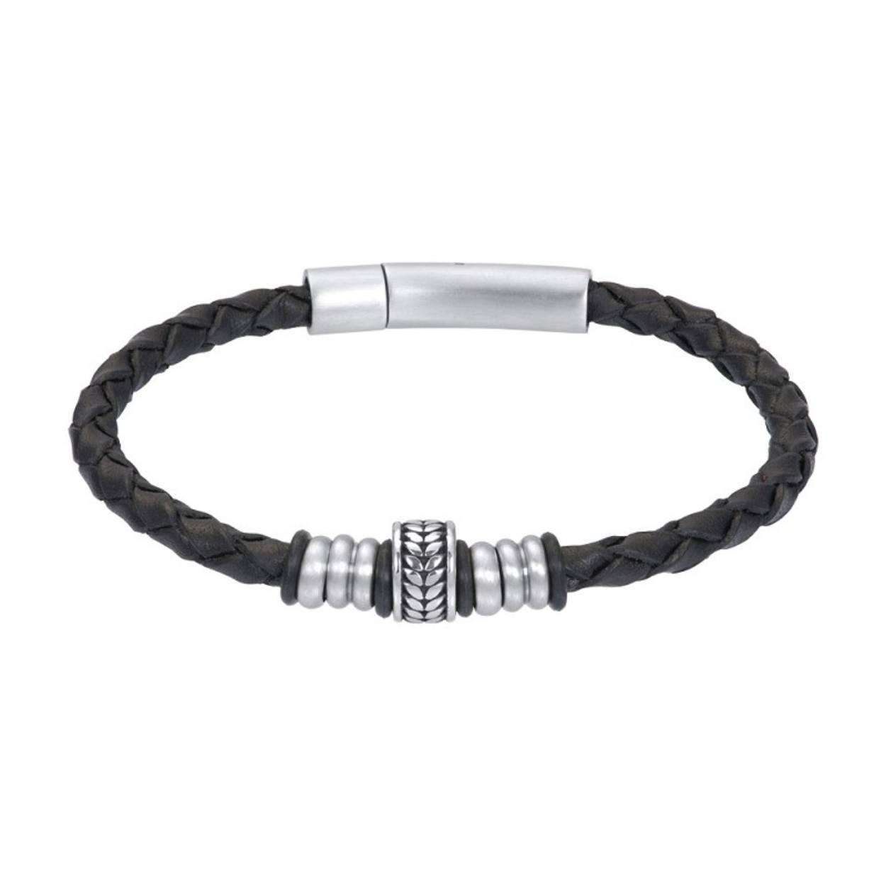 De iXXXi Men armband Ringo bestaat uit een combinatie van zwart leder en mat zilverkleurige details gemaakt van stainless steel. De bracelet bestaat uit een rond, gevlochten design en is in het midden van de armband voorzien van verschillende soorten details in de kleuren mat zilver.