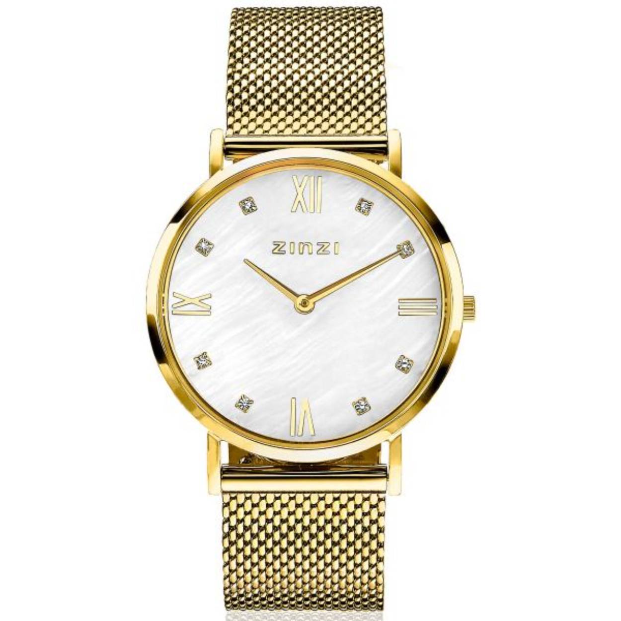 Het nieuwe ZINZI Roman horloge is een sierlijke eyecatcher. Met zijn geelgoudkleurige stalen kast van 34mm oogt dit horloge trendy op de dunnere pols. En de sierlijke romeinse cijfers geven de wijzerplaat een tijdloos karakter. Voorzien van een witte parelmoer wijzerplaat, die is bezet met witte zirconia's op de uur-aanduiding. Het extra dunne Japanse uurwerk met datum en de platte ronde stalen kast (34mm) zorgen voor een elegante maar fashionable look. Met trendy stalen meshband van 18mm breed.