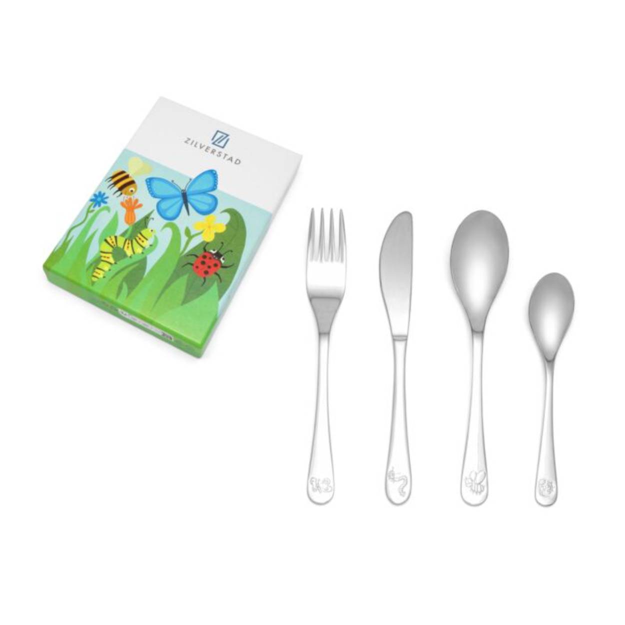 Eten wordt nog leuker met dit Zilverstad 4-delige kindercouvert met natuurvriendjes. De set bestaat uit een vork, mes, eetlepel en dessertlepel. Het bijtje, lieveheersbeestje, rupsje en vlindertje zorgen voor een feestje aan tafel.  Omdat het bestek is vervaardigd uit edelstaal kan het in de vaatwasser. Leuk als geboorte-, doop- of verjaardagscadeau.  De bestekonderdelen kunnen worden gegraveerd. U kunt één naam gratis laten graveren. De vork en de lepels zullen aan de achterzijde gegraveerd worden. De gravure kunt u vermelden in het opmerkingenveld tijdens het bestelproces. Gegraveerde artikelen kunnen niet worden geruild. Afmeting: vork: 17 cm, mes: 17,9 cm, eetlepel: 17 cm, dessertlepel: 13,5 cm.  