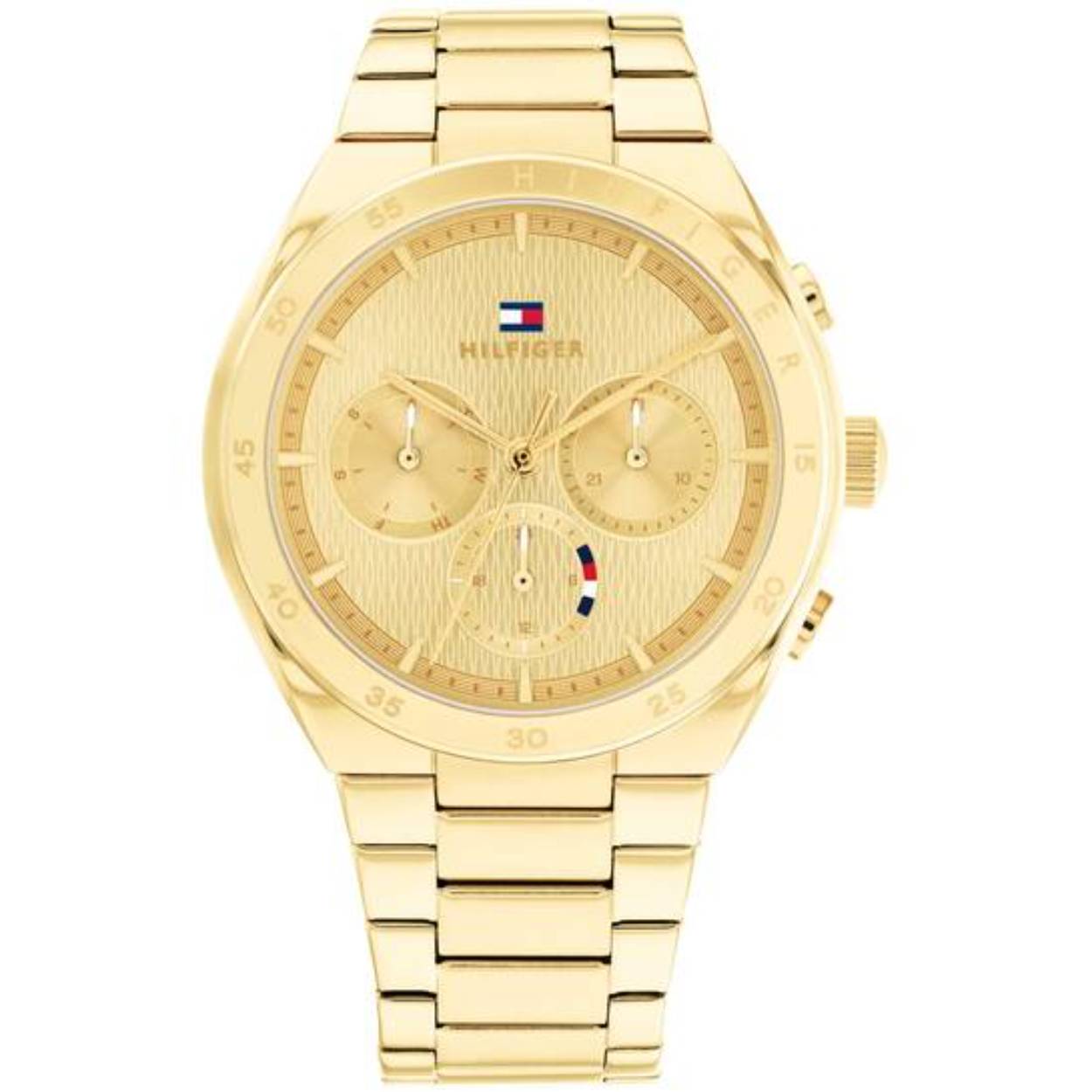 Tommy Hilfiger TH1782575 Horloge Dames Staal Goudkleurig Schakelband 38mm
Dit specifieke horloge van Tommy Hilfiger met artikelnr: TH1782575 is een sportief dameshorloge die zeker in je collectie past. Het stalen dameshorloge heeft een ronde goudkleurige kast met een gladde bezel met daarop de merknaam en een goudkleurige wijzerplaat met dag, - datum,- en 24-uursaanduiding. De goudkleurige schakelband is op lengte verstelbaar en heeft een vouwsluiting. Het horloge heeft een mineraalglas, een doorsnee van 38mm en is 3 ATM.  

Het merk:
Sinds de lancering van het merk in 1985 is Tommy Hilfiger wereldwijd bekend geworden als pionier van de klassieke Amerikaanse coole stijl. Geïnspireerd door de iconische popcultuur en het Amerikaanse erfgoed. De dames en herencollectie van dit seizoen bestaan uit minimalistische silhouetten en rustieke lederen details. De herenhorlogecollectie biedt iconische uurwerken met roestvrijstalen, lederen en siliconen banden.

Specificaties:
- Mineraalglas
- Ronde kast 38mm
- Goudkleurige horlogekast
- Goudkleurige wijzerplaat
- Goudkleurige schakelband 
- 3 ATM