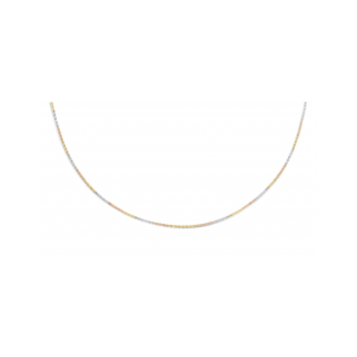 14krt tricolor gouden collier met zilverkern. Schakel: Singpore. 
Diameter: 3mm. Lengte: 45cm. 
Bijpassende armband mogelijk.