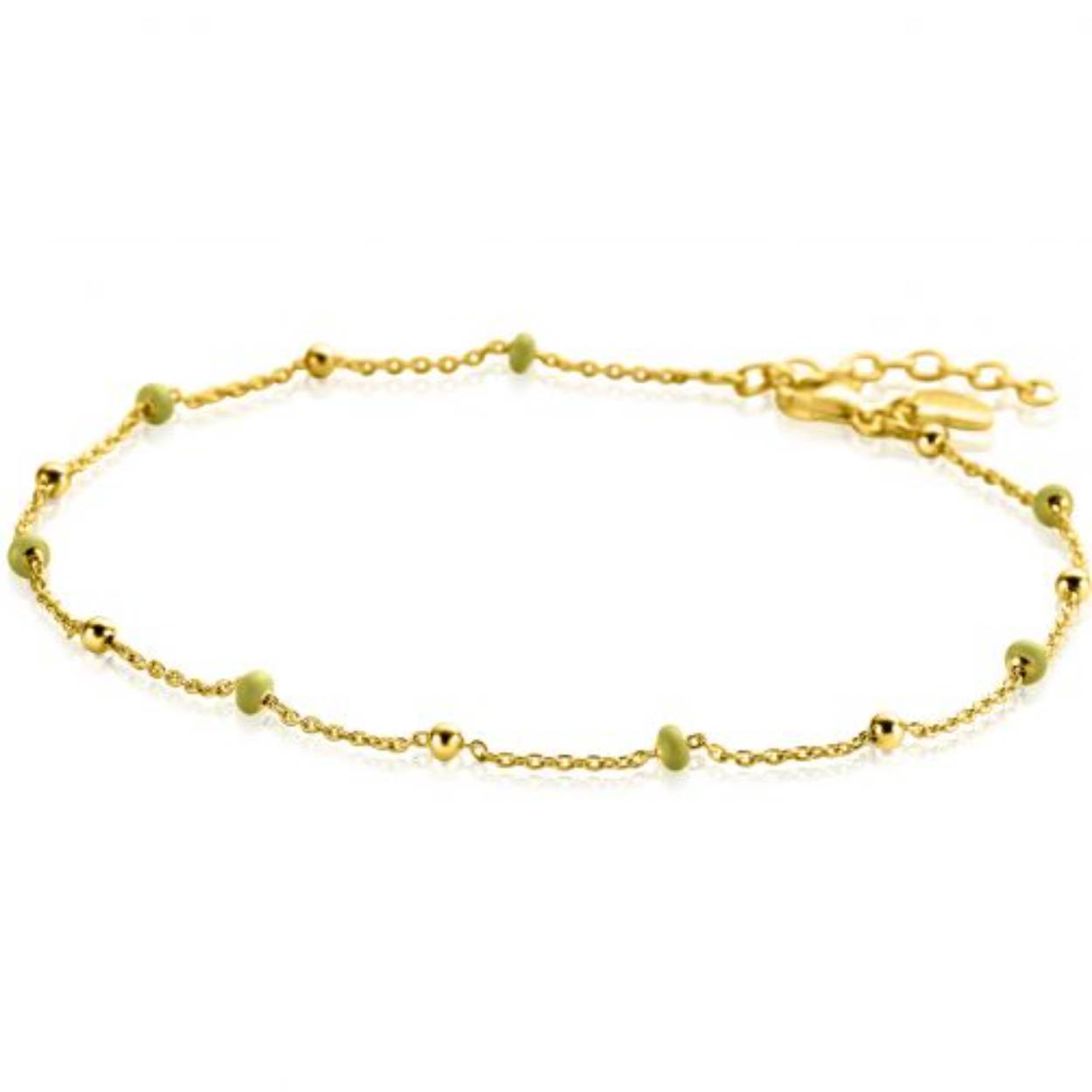 ZINZI gold plated zilveren fantasie enkelband met glanzende bolletjes en 7 geelgroene donuts (3mm breed). De lengte van de enkelband is te variëren tussen 23 en 27cm. De enkelband is vervaardigd van eerste gehalte zilver (925) en extra geel verguld.