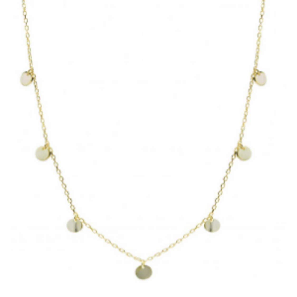 Halsketting met vergulde zilveren hangers in choker-stijl met rondom gescheiden minicirkelmotieven. Perfect voor een zomerse look!