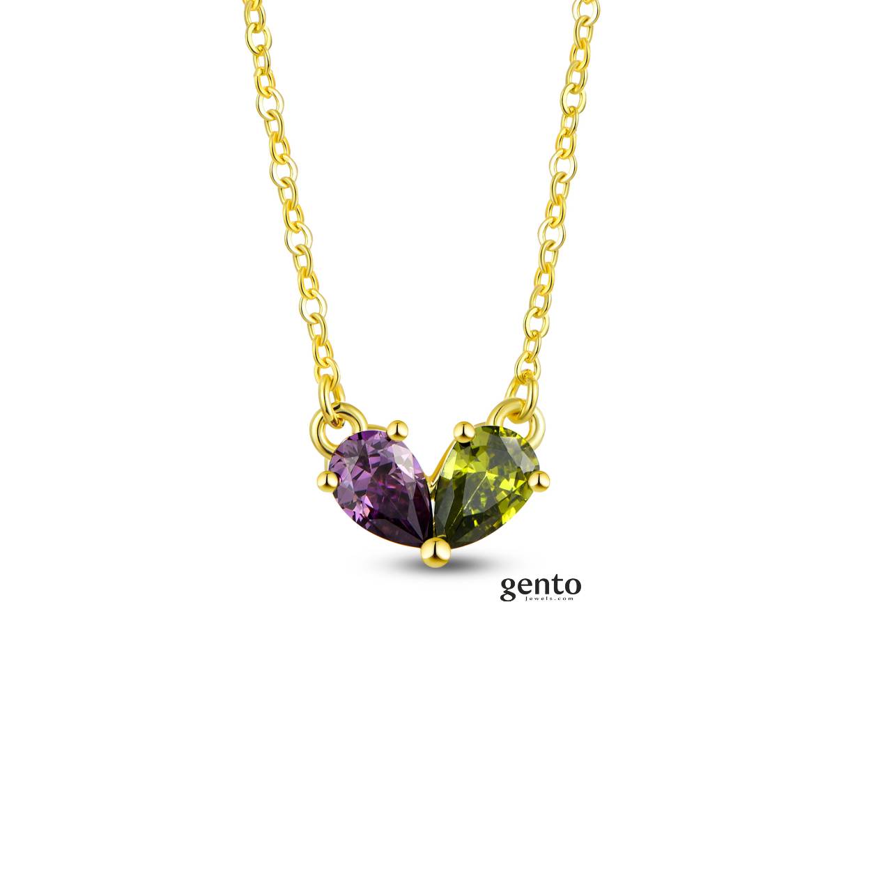 Plaqué ketting (43cm) met paars en groene zirkonium
Bijhorende ring en oorstekers ook verkrijgbaar van deze set.