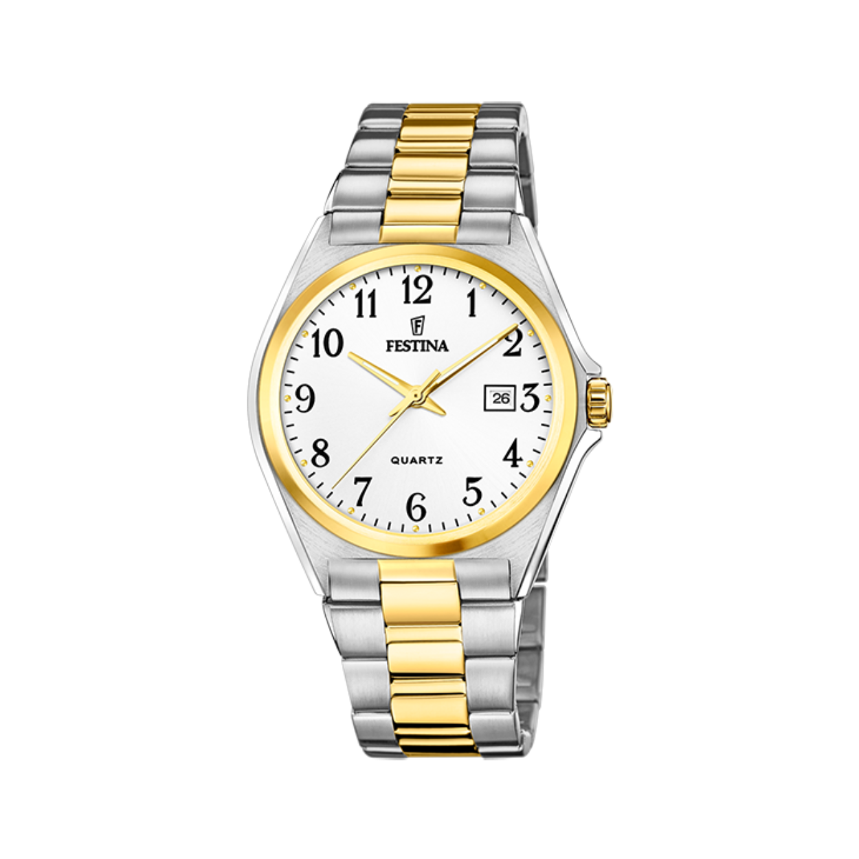 Festina uurwerk met bicolor (goud/zilverkleurige) band en kast in edelstaal - Zilverkleurige wijzerplaat met duidelijke cijfers en datumaanduiding - Waterdichtheid: 5 ATM