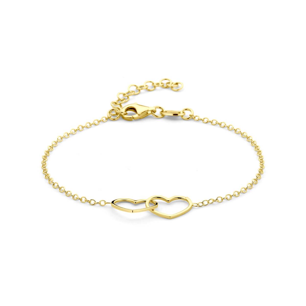 Geelgoud op 925 zilveren armband uitgevoerd met twee hartjes. De armband heeft een draaglengte van 16cm met een extensie van 3cm en een stevige karabijn sluiting. De hartjes hebben een afmeting van 9x12mm. De schakelbreedte is 1.2mm. Geen garantie op plating.
