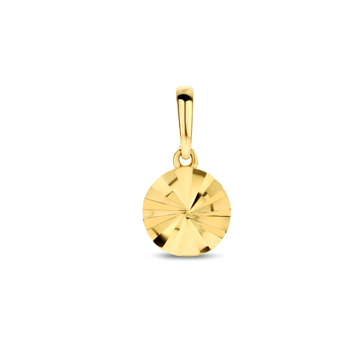4k Geelgouden hanger uitgevoerd met een rondje met een gediamanteerde afwerking. De hanger heeft een totale hoogte van 1.3cm.