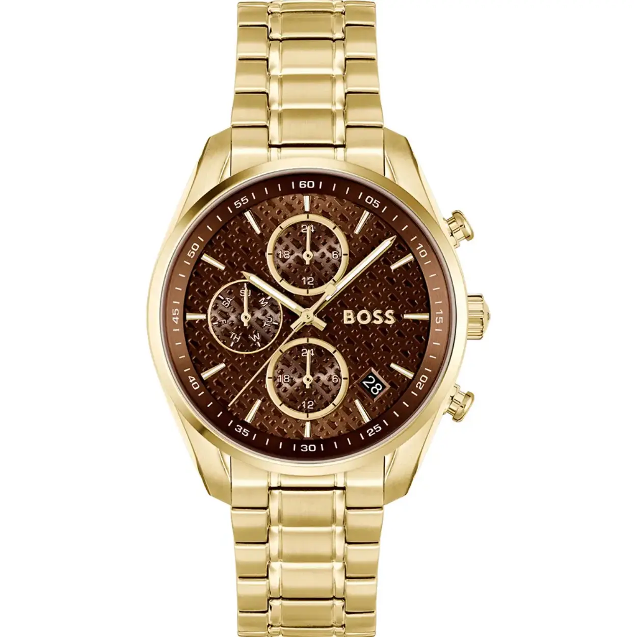 BOSS HB1502770 GRAND TOUR LADIES Dameshorloge 38mm 
Dit BOSS horloge uit de GRAND TOUR LADIES serie met artikelnr: HB1502770 heeft een luxe sportieve uitstraling. Zeer geschikt voor de moderne stijlvolle vrouw van nu. Het dameshorloge valt op door zijn stalen goudkleurige horlogekast met een gladde goudkleurige bezel en een bruine sunray wijzerplaat met een dag, datum en 24-uursaanduiding. Opvallend zijn de fijne wijzers. Aan de kast zit een stalen mat glanzende goudkleurige schakelband met een vouwsluiting. Het horloge heeft een doorsnee van 38mm met een mineraalglas en is 3ATM. 

HET MERK:
HUGO BOSS is afgestemd op levensstijlen waar het gaat om kwaliteit en precisie. Het wereldwijde fashionlabel is verdeeld in twee merken: BOSS en HUGO. Het merk BOSS biedt geavanceerde, moderne horloges gericht op kwaliteit en design om een onberispelijke look te creëren – of het nu zakelijk, casual of sportief is. De horloge collectie van BOSS is perfect afgestemd op levensstijlen waar het gaat om kwaliteit en precisie. BOSS is op maat gemaakt in een onberispelijke stijl.

Blijf stijlvol bij de tijd. Voor de BOSS-vrouw is stijl het handelsmerk en draait alles om
details. Breng uw look naar een hoger niveau met onze nieuwe en kenmerkende horlogecollectie.

SPECIFICATIES:
- Mineraalglas
- Ronde kastvorm, Ø 38mm
- Stalen horlogekast
- Bruine wijzerplaat
- Stalen schakelband
- 3ATM