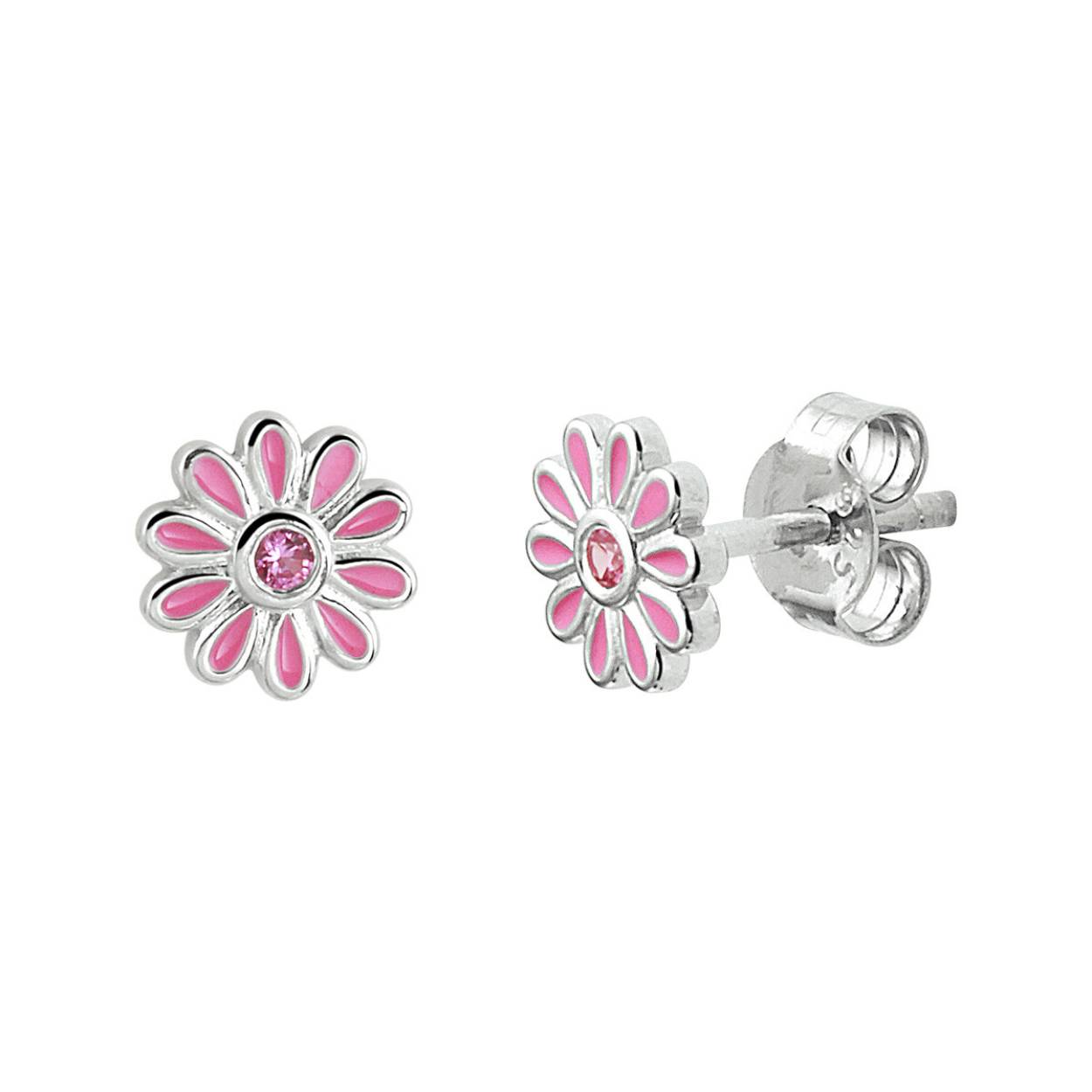 Gerhodineerd 925 zilveren oorknoppen uitgevoerd in de vorm van een bloem met een schitterende roze zirkonia. De oorknoppen hebben een diameter van 7mm.