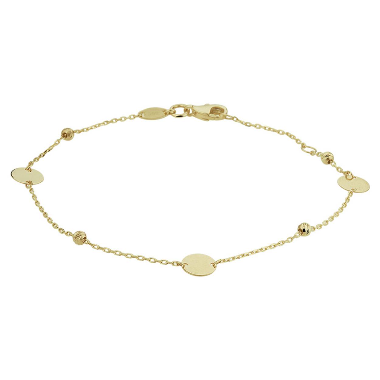 14k geelgouden armband met 3 schijven en 4 bolletjes op 19 cm lengte