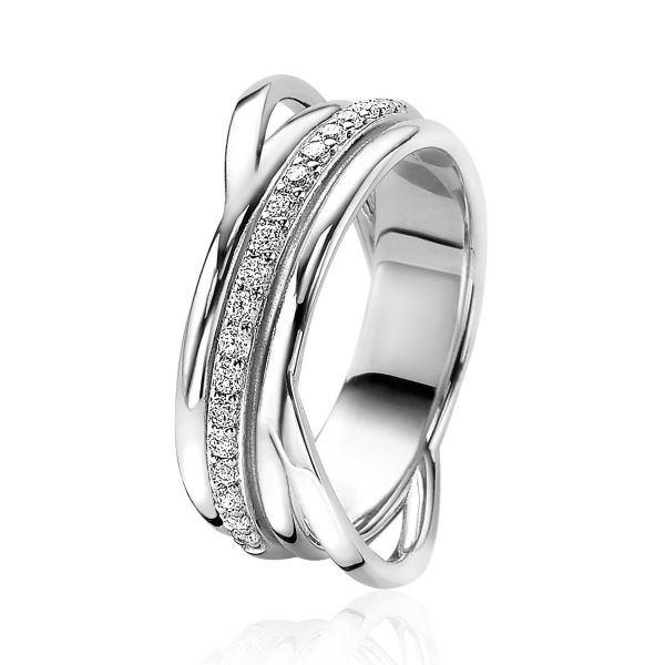ZINZI zilveren brede ring met cross-over design. De middelste baan is mooi bezet met witte zirconia's.