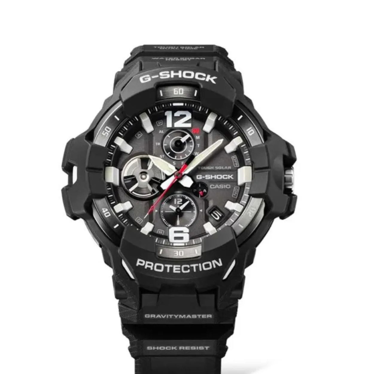 iets is onmogelijk! Maak kennis met de GRAVITYMASTER GR-B300, professionele uitrusting geïnspireerd op de luchtvaart en ontworpen om zelfs onder de zwaarste omstandigheden te blijven werken, uit de G-SHOCK MASTER of G-serie.

De GR-B300 heeft een Carbon Core Guard-constructie met dezelfde schokbestendigheid, stijfheid en roestbestendigheid als het koolstofmateriaal dat voor vliegtuigrompen wordt gebruikt. De met koolstofvezel versterkte harsbehuizing en het naadloze randontwerp dat is geïnspireerd op de allernieuwste vliegtuigen, komen samen in een gedurfde en krachtige vorm. 

Zie de wereld door de ogen van een piloot met de geheugenfunctie Flight Log die de huidige locatie en tijd registreert, en met dubbele tijd voor het gelijktijdig weergeven van de tijd in twee tijdzones. Tik daarnaast gewoon op de app om direct te schakelen tussen de tijd thuis en de lokale tijd – een praktische functie die reizen naar het buitenland vergemakkelijkt.

De grote, dimensionale indexmarkeringen en metalen rand accentueren de grote wijzerplaat die bovenal functionaliteit uitstraalt. Deze verbeterde zichtbaarheid is zeer belangrijk voor piloten, omdat ze voor hun werk snel en direct de tijd moeten kunnen aflezen.

De draaischijfindicator op de 9-uurpositie maakt gebruik van een motor met dubbele spoel voor een soepele rotatie en functionele schoonheid. De indicator draait niet alleen rond om alarm aan/uit en de stopwatch weer te geven, maar dient ook als batterijniveau-indicator.

Het contrastrijke zwart-witte kleurenschema met kleuraccenten op de wijzers en knoppen zijn een verwijzing naar het uiterlijk van een instrumentenpaneel in een cockpit. En de donkere kleurvariaties roepen de praktische functionaliteit op die het wereldbeeld van de luchtvaart beheerst.

De belangrijkste harsonderdelen die zijn toegepast in de behuizing, de rand en de band zijn gemaakt met harsen van biologische oorsprong om de impact op het milieu te verminderen.

GR-B300-1A
GR-B300-1A
GR-B300-1A Met een organische vorm die is geïnspireerd door de allernieuwste vliegtuigen
Met een organische vorm die is geïnspireerd door de allernieuwste vliegtuigen
GR-B300-1A Laagbescherming met een combinatie van verschillende materialen
Laagbescherming met een combinatie van verschillende materialen
GR-B300-1A Naadloos ontwerp met functionele schoonheid
Naadloos ontwerp met functionele schoonheid
GR-B300-1A 3D-wijzerplaatontwerp voor verbeterde leesbaarheid
3D-wijzerplaatontwerp voor verbeterde leesbaarheid
GR-B300-1A Dubbele tijd: gelijktijdige weergave van de tijd in twee steden
Dubbele tijd: gelijktijdige weergave van de tijd in twee steden
GR-B300-1A Kleuren die het uiterlijk van een cockpit oproepen
Kleuren die het uiterlijk van een cockpit oproepen
GR-B300-1A
GR-B300-1A
GR-B300-1A
GR-B300-1A Gravure aan de achterzijde
Gravure aan de achterzijde
GR-B300-1A
GR-B300-1A Ledverlichting
Ledverlichting
