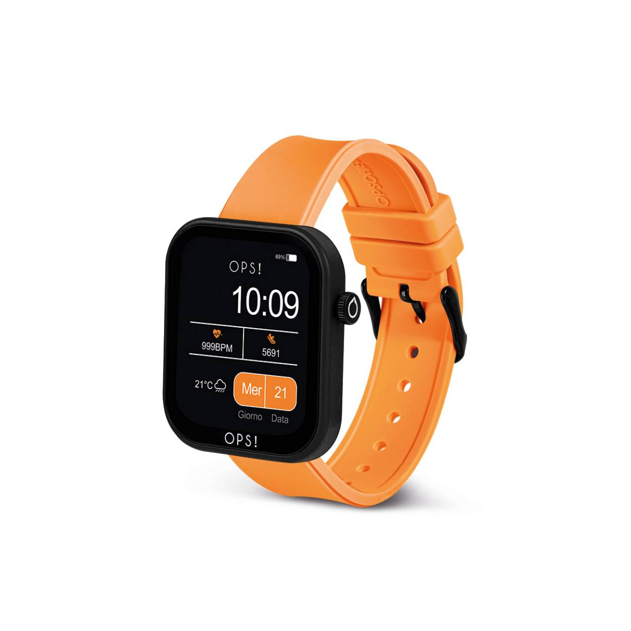 Smartwatch with ABS case and hypoallergenic silicone strap. Case dimensions 40x44x10.7 mm with 1.83″ color full touch display. Inner circumference of the strap: 180mm to 140mm. Steel pin clasp.