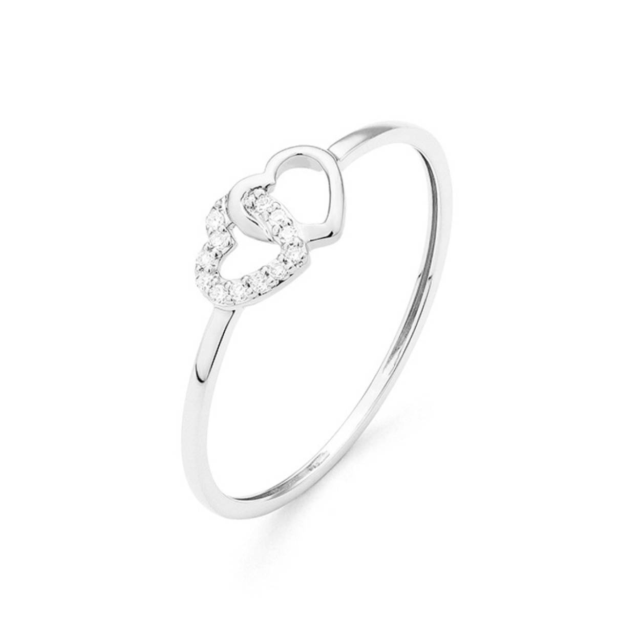 Witgouden ring met hartjes. Gezet met 0.04crt H-SI diamant.
