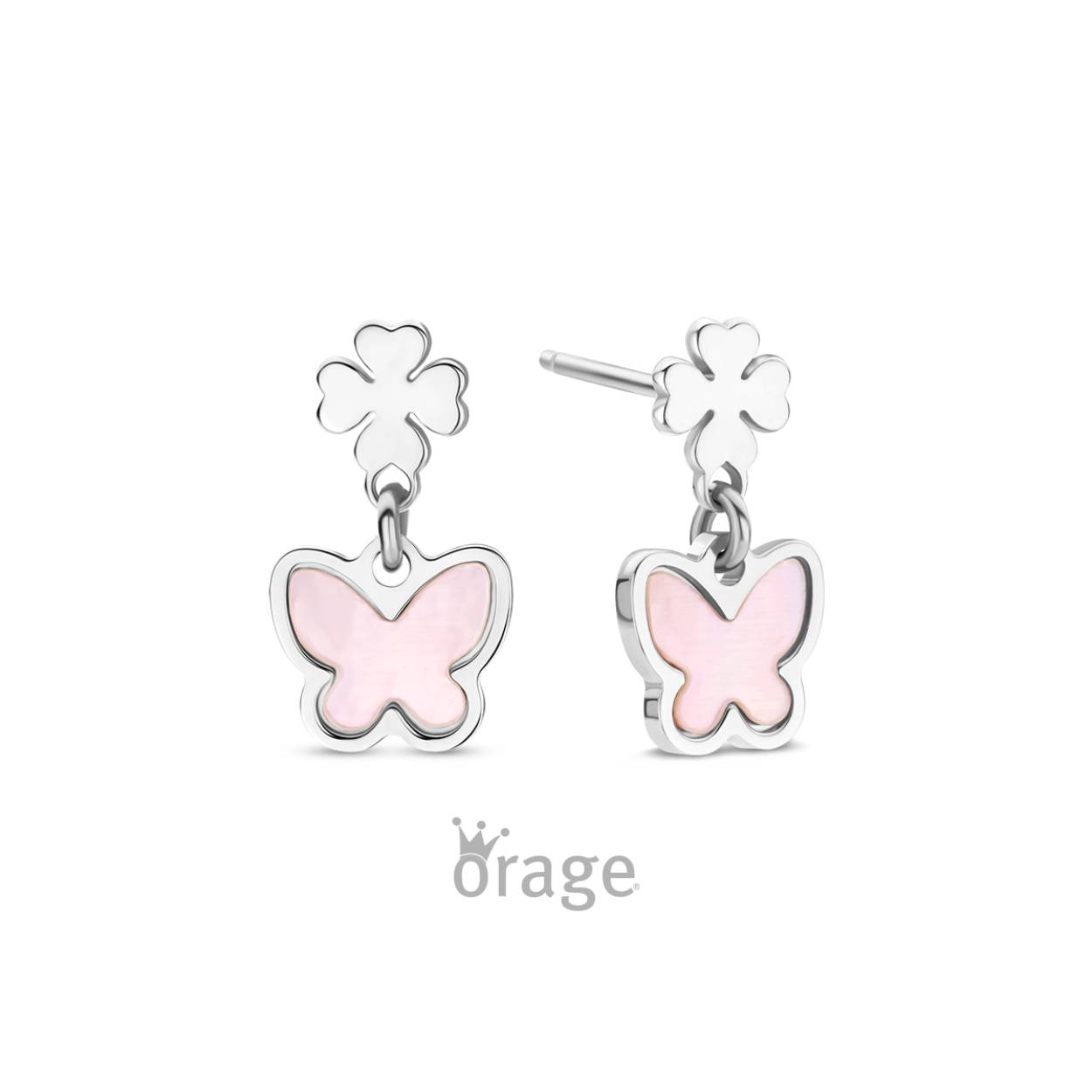 Orage Kids oorhangers zilver vlinder parelmoer roos