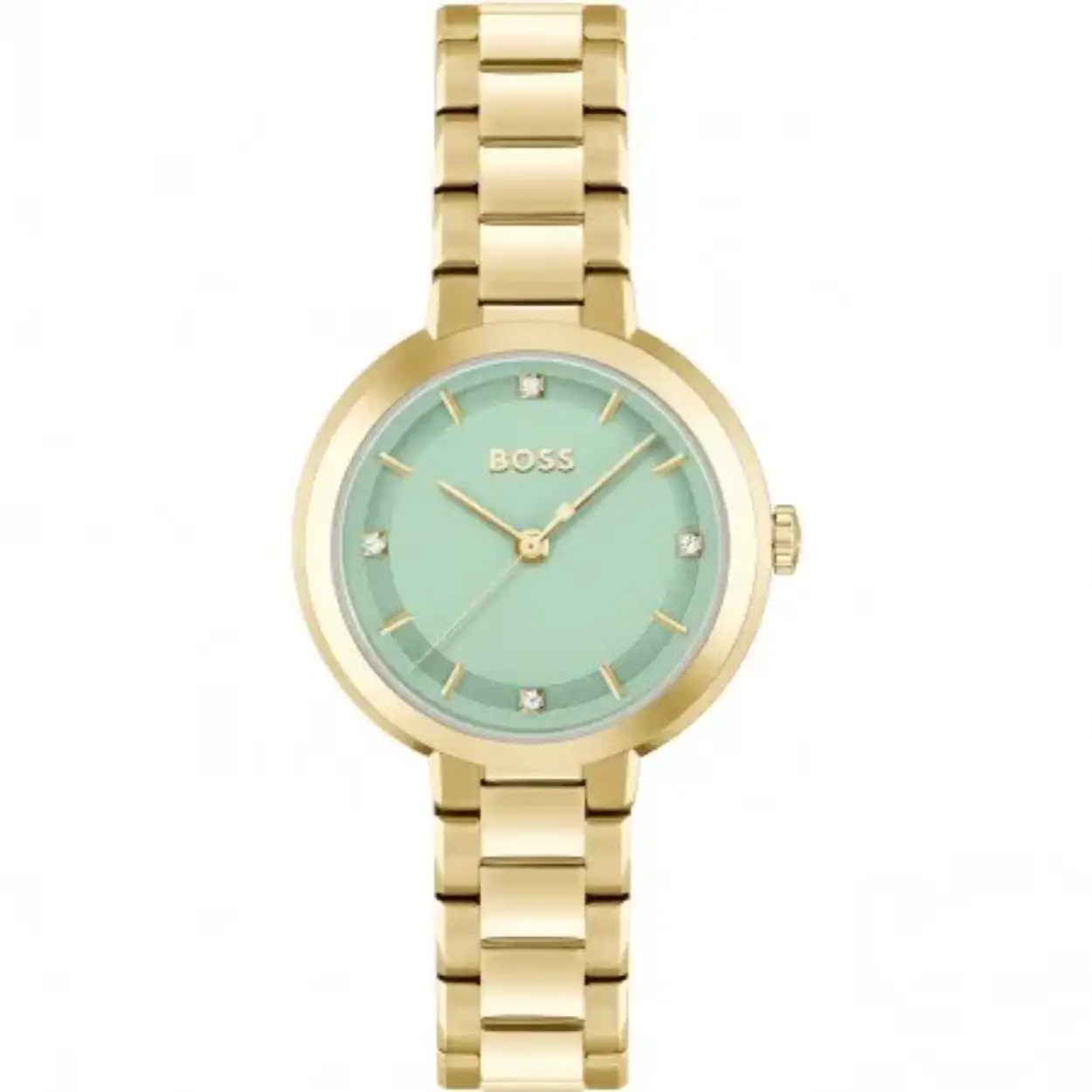 BOSS HB1502759 SENA Dameshorloge 34mm 
Dit BOSS horloge uit de SENA serie met artikelnr: HB1502759 heeft een chique look. Zeer geschikt voor de moderne stijlvolle vrouw van nu. Het dameshorloge valt op door zijn goudkleurige stalen ronde horlogekast met een platte goudkleurige bezel en een groene sunray wijzerplaat met op de 3,6,9 en 12 een kristal als uursaanduiding. Aan de kast zit een stalen goudkleurige schakelband met vouwsluiting. De kast van het horloge heeft een doorsnee van 34mm met mineraalglas en is 3ATM. 

HET MERK:
HUGO BOSS is afgestemd op levensstijlen waar het gaat om kwaliteit en precisie. Het wereldwijde fashionlabel is verdeeld in twee merken: BOSS en HUGO. Het merk BOSS biedt geavanceerde, moderne horloges gericht op kwaliteit en design om een onberispelijke look te creëren – of het nu zakelijk, casual of sportief is. De horloge collectie van BOSS is perfect afgestemd op levensstijlen waar het gaat om kwaliteit en precisie. BOSS is op maat gemaakt in een onberispelijke stijl.

Blijf stijlvol bij de tijd. Voor de BOSS-vrouw is stijl het handelsmerk en draait alles om
details. Breng uw look naar een hoger niveau met onze nieuwe en kenmerkende horlogecollectie.

SPECIFICATIES:
- Mineraalglas
- Ronde kastvorm, Ø 34mm
- Goudkleurige horlogekast
- Groene wijzerplaat
- Goudkleurige schakelband