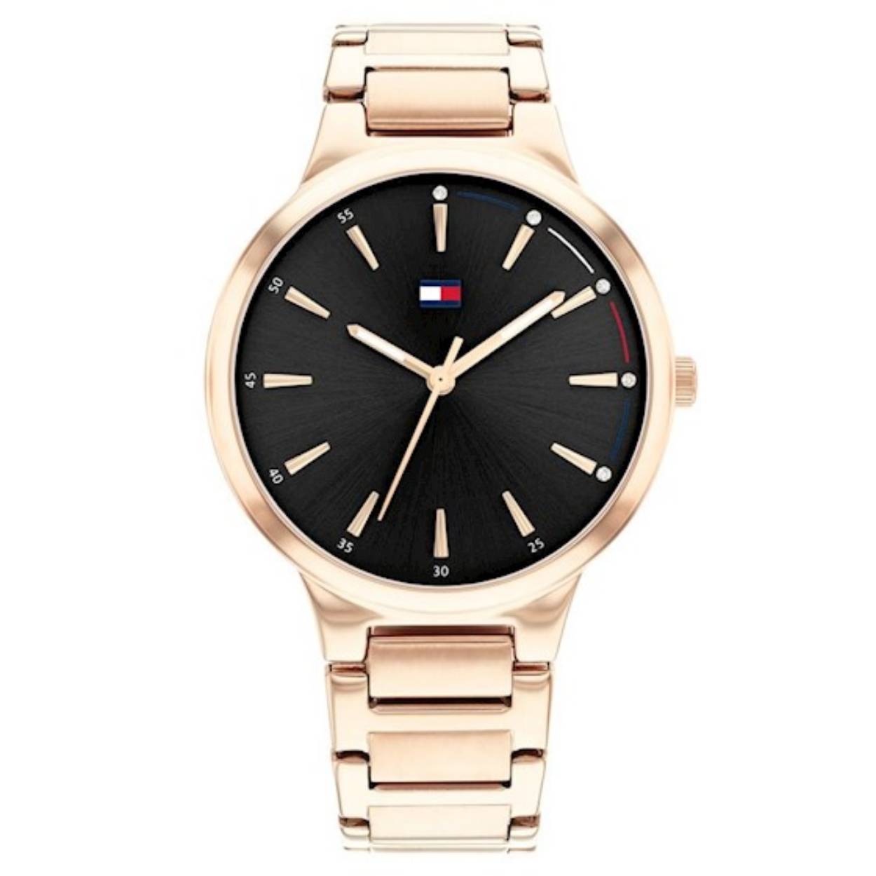 Rose horloge met een kleinere kast in de kleur rose met een zwarte achterplaat.