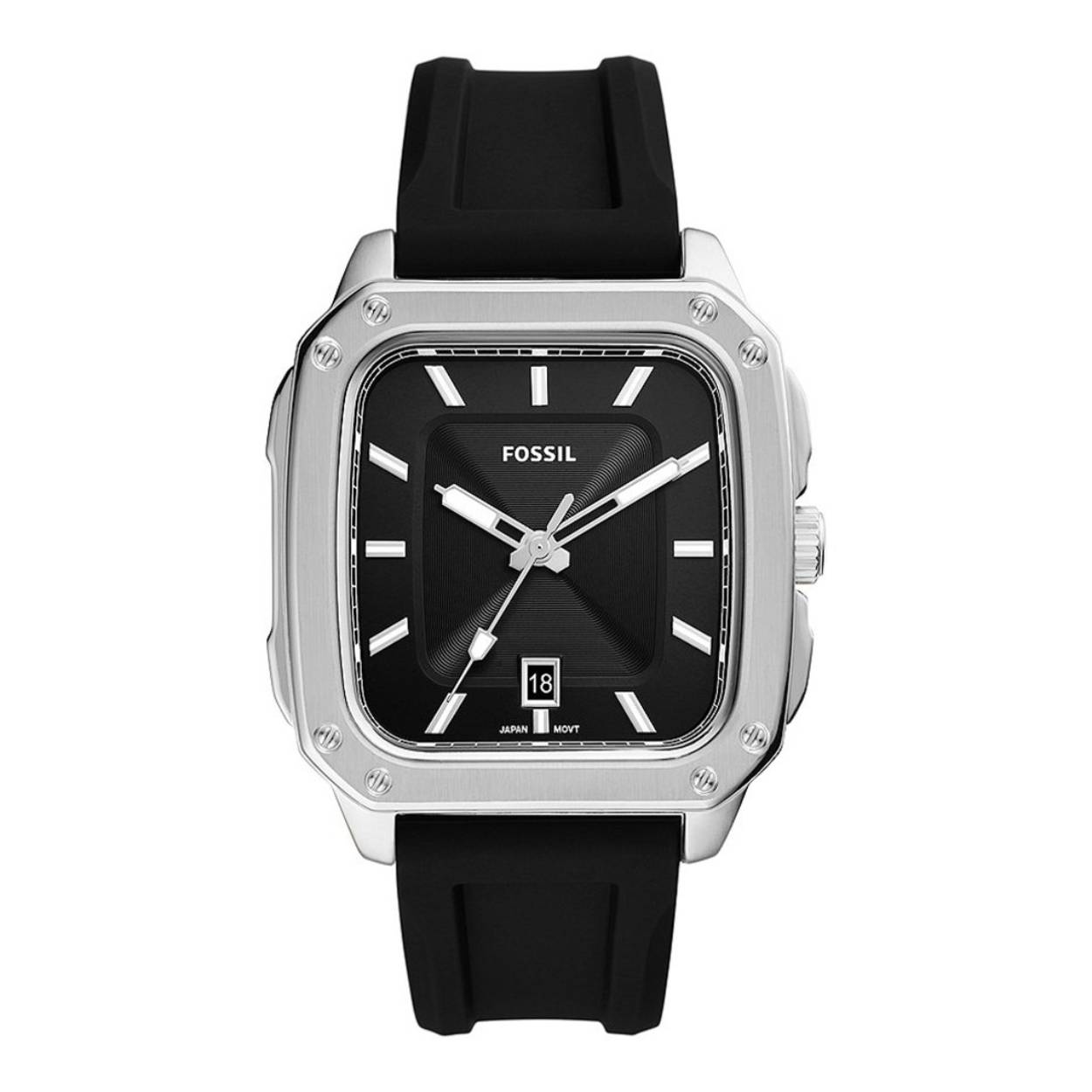Dit Fossil horloge, uit de Inscription collectie, heeft een stalen kast en een zwarte rubberen band. De wijzerplaat is zwart met wit/zilverkleurige indexen en wijzers