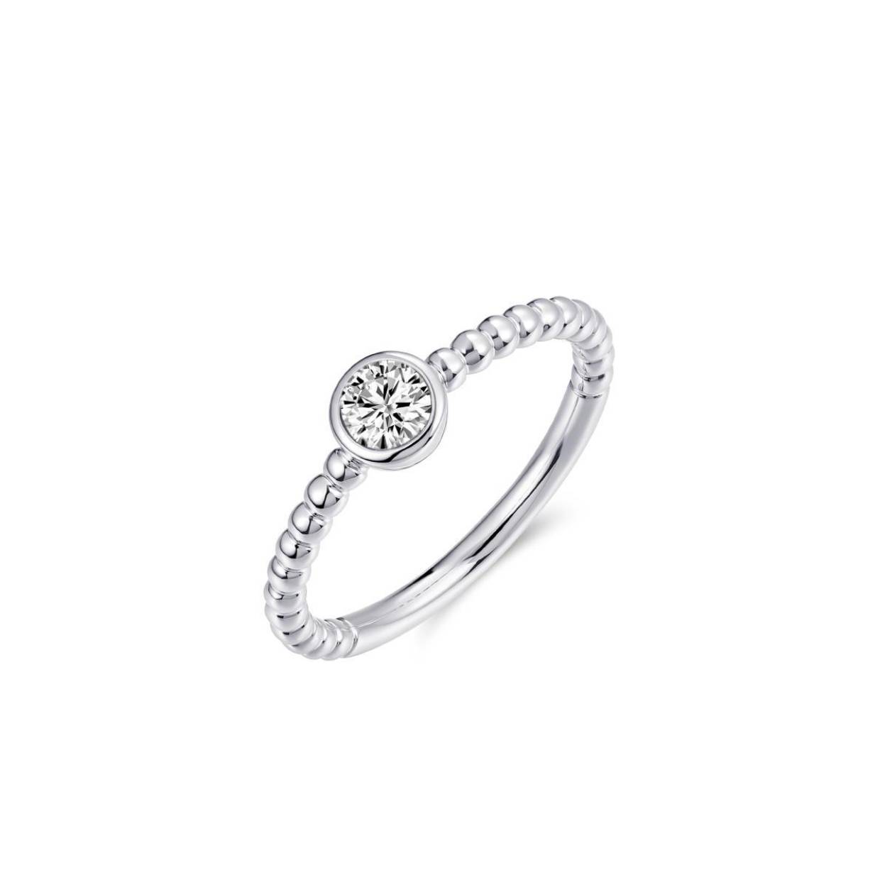 Zilveren ring met bolletjes en zirkonia.