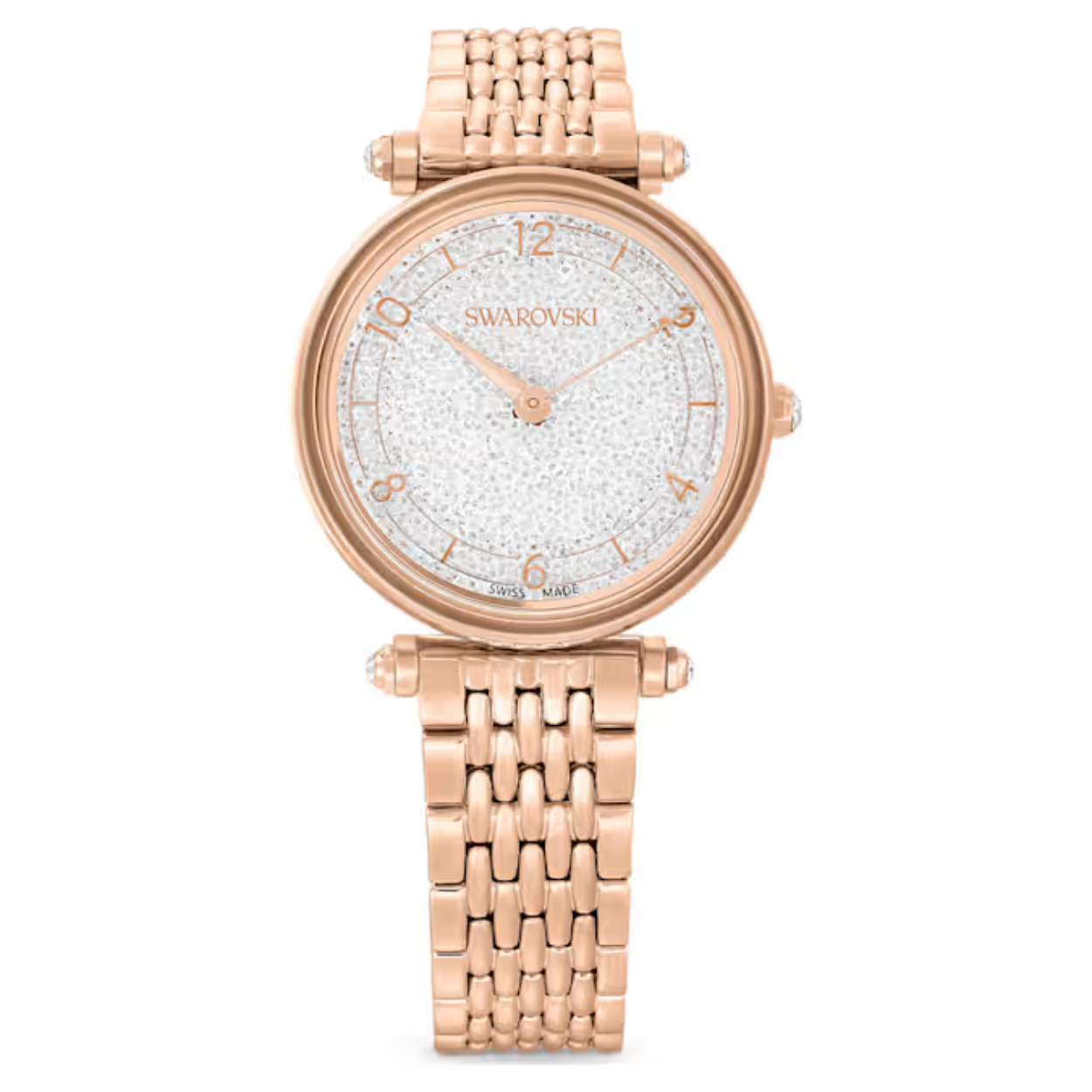 In dit Swarovski-horloge uit onze Crystalline Wonder-lijn komen vorm en functie op kunstzinnige wijze samen. De circa 1000 kristallen in de kast van edelstaal zorgen voor een schitterend effect. De metalen armband met roségoudkleurige afwerking en een witte zilverkleurige wijzerplaat gedecoreerd met Arabische cijfers en de Swarovski-zwaan op 12 uur maken het stijlvolle ontwerp helemaal af. Dit Swiss Made-horloge is waterbestendig tot 50 m.