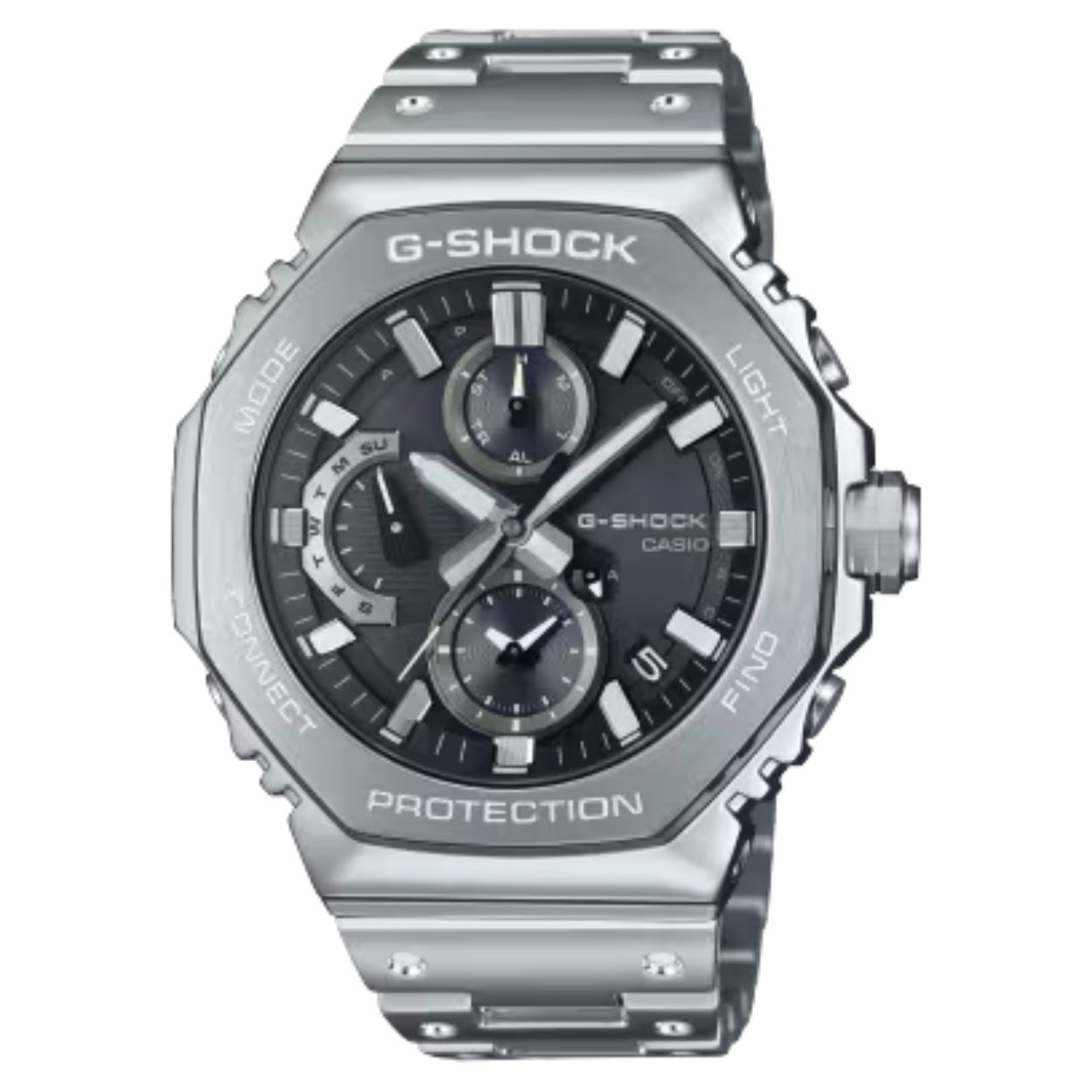 Dit Casio horloge behoort tot de G-Shock collectie.
Referentienummer: GMC-B2100D-1AER

De eerste G-SHOCK chronograaf, GMC-B2100D-1A, volledig van staal en met een achthoekige kast. 
Een nieuwkomer in de voortdurend evoluerende 2100-horlogelijn.

Er zijn buffercomponenten van fijn hars geïnstalleerd tussen de rand en de kast voor een schokbestendige structuur met een volledig metalen buitenkant. De rand, driedimensionaal gevormd in een tijdrovend proces van smeden, snijden en polijsten, is prachtig afgewerkt met een cirkelvormige haarlijn op de bovenkant en spiegelglans op de schuine kanten. 

De verfijnde vormgeving en dampafzetting van de ultranauwkeurige verwerkingstechnologieën van Casio voegen verfijning en kwaliteit toe aan de indexen en inzetringen van de wijzerplaat. 

De kroon met schroefvergrendeling is ontworpen in dezelfde achthoekige vorm als de rand voor een compactere kast zonder dat dit ten koste gaat van de uitstekende G-SHOCK-schokbestendigheid. 

Dankzij de hoge dichtheid van de montage blijft de module slank, maar biedt het toch de geavanceerde functies die je belangrijk vindt in een compact profiel en een comfortabele pasvorm. 

Kan worden gekoppeld met een smartphone via Bluetooth®. Je hoeft alleen maar de speciale app aan te sluiten voor een nauwkeurige tijdregistratie die je op schema houdt. Met Tough Solar, een zeer heldere ledverlichting en allerlei andere handige functies is dit een horloge dat zowel superieure stijl als praktisch gebruik biedt.