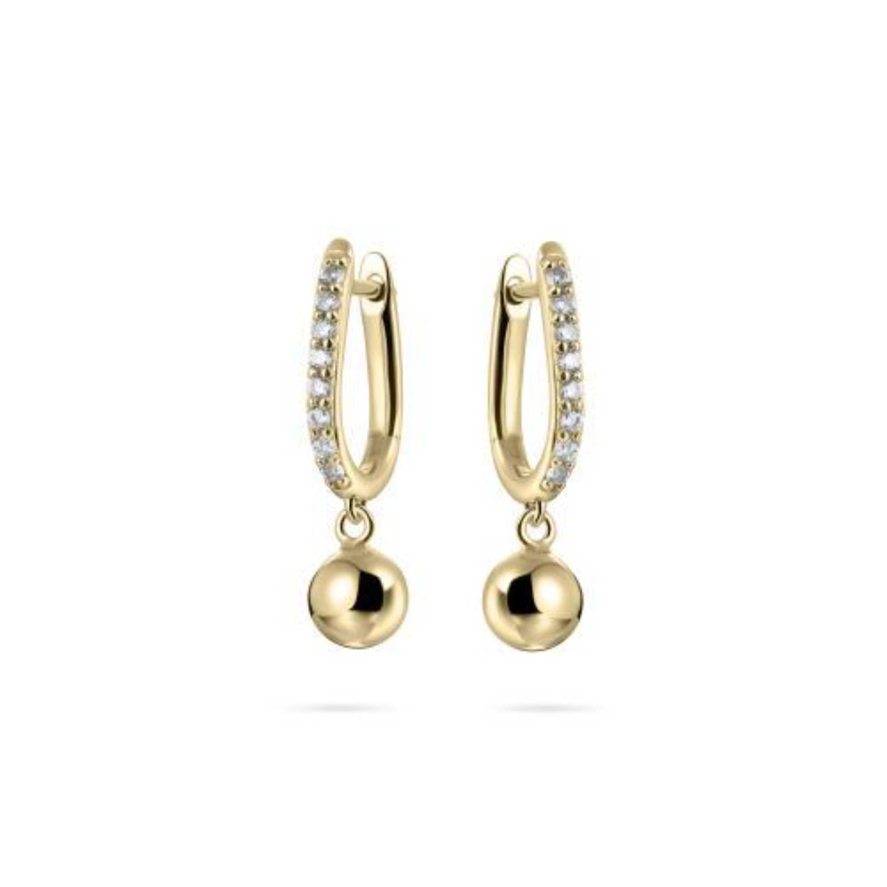 goldplated ooringen gevuld met zirkonia's en aan de hanger hangt een bolletje