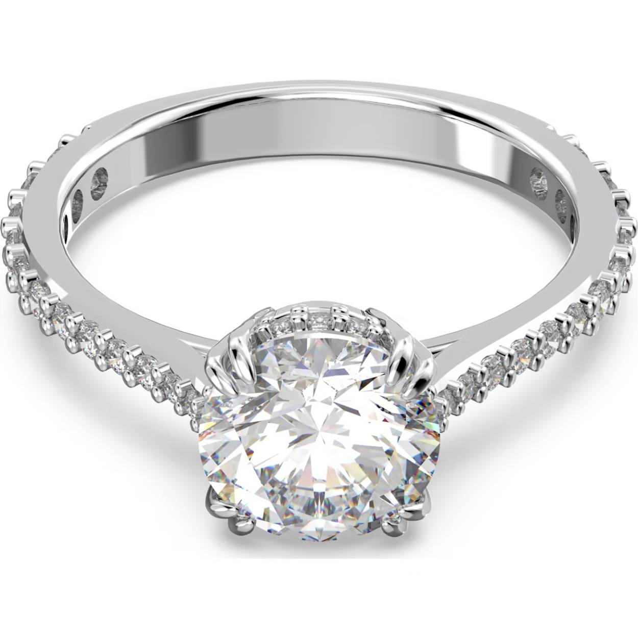 Deze Constella-ring bewijst dat eenvoud krachtig kan zijn en mag niet in uw collectie ontbreken. De vakkundig vervaardigde steen met princess-slijpvorm in het midden is voorzien van elegant pavé op de rijen en langs de band met rodium toplaag. Draag afzonderlijk en laat uw look stralen.