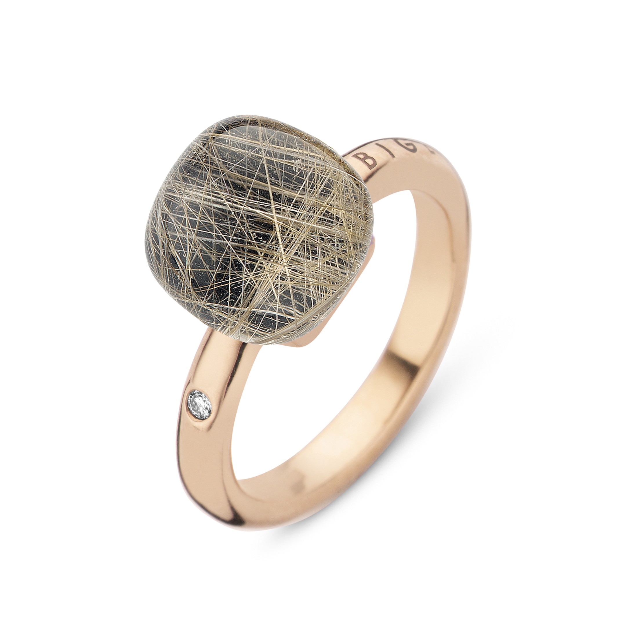 Rutile In The Dark
Deze Mini Sweety ring is gemaakt van 18-karaats roségoud en afgewerkt met rutielkwarts met onyx gekenmerkt door een diamant 0.02ct
