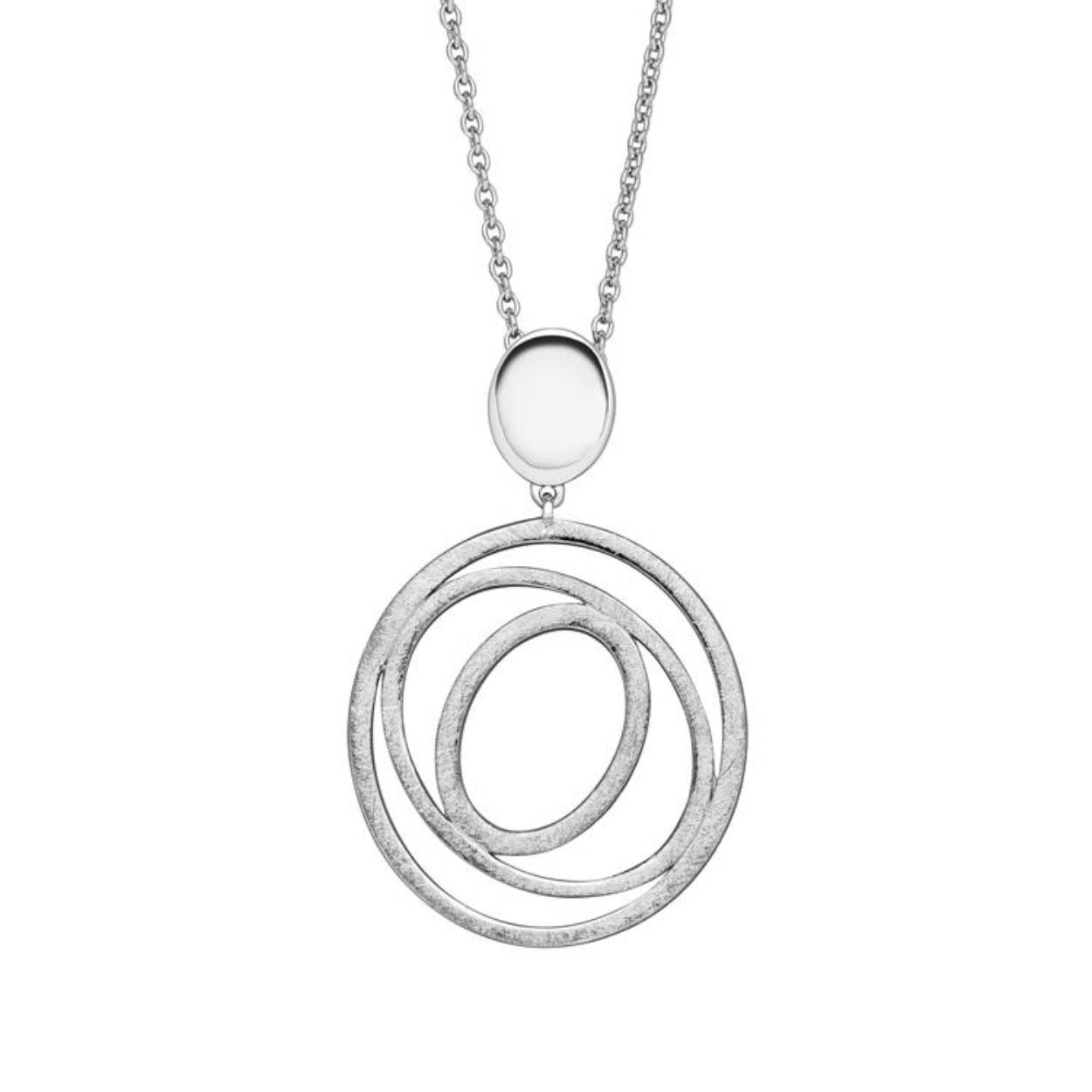 Deze zilveren collier heeft een mooie glanzend rondje bovenop en daar onder een mat bewerkte hanger.