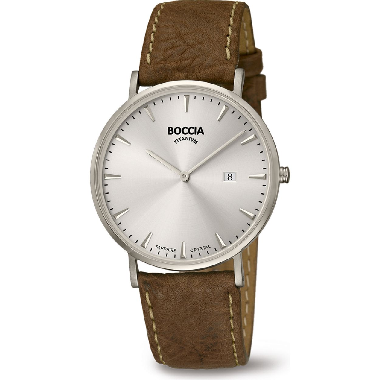 Boccia Titanium 3648-01
Dit herenhorloge van Boccia Titanium heeft een stoere uitstraling. De zilverkleurige titanium horlogekast heeft een zilvergrijze wijzerplaat met datum aanduiding. Het horloge heeft een ronde kast met een diameter van 39mm, een saffierglas, en is 3ATM. Combineer dit prachtige exemplaar met de andere sieraden van Boccia Titanium voor een complete look. Aan de titanium kast zit een bruine leren band. 

HET MERK
Boccia Titanium is het titanium merk van Nederland, dat zijn oorsprong in Duitsland vindt en is opgericht in het jaar 1992. Ontwikkeld door internationale ontwerpers. Alle titanium componenten van de BOCCIA TITANIUM collectie zijn gemaakt van 99,7% puur titanium; het bijzondere materiaal. Het is licht in gewicht, neemt de temperatuur van de huid aan en is zeer huidvriendelijk. Bovendien is het corrosie- en temperatuurbestendig.

SPECIFICATIES
- Saffierglas
- Ronde titanium horlogekast, Ø 39mm
- Bruine band
- Zilvergrijze wijzerplaat
- 3ATM (Regen- & spatwaterdicht)