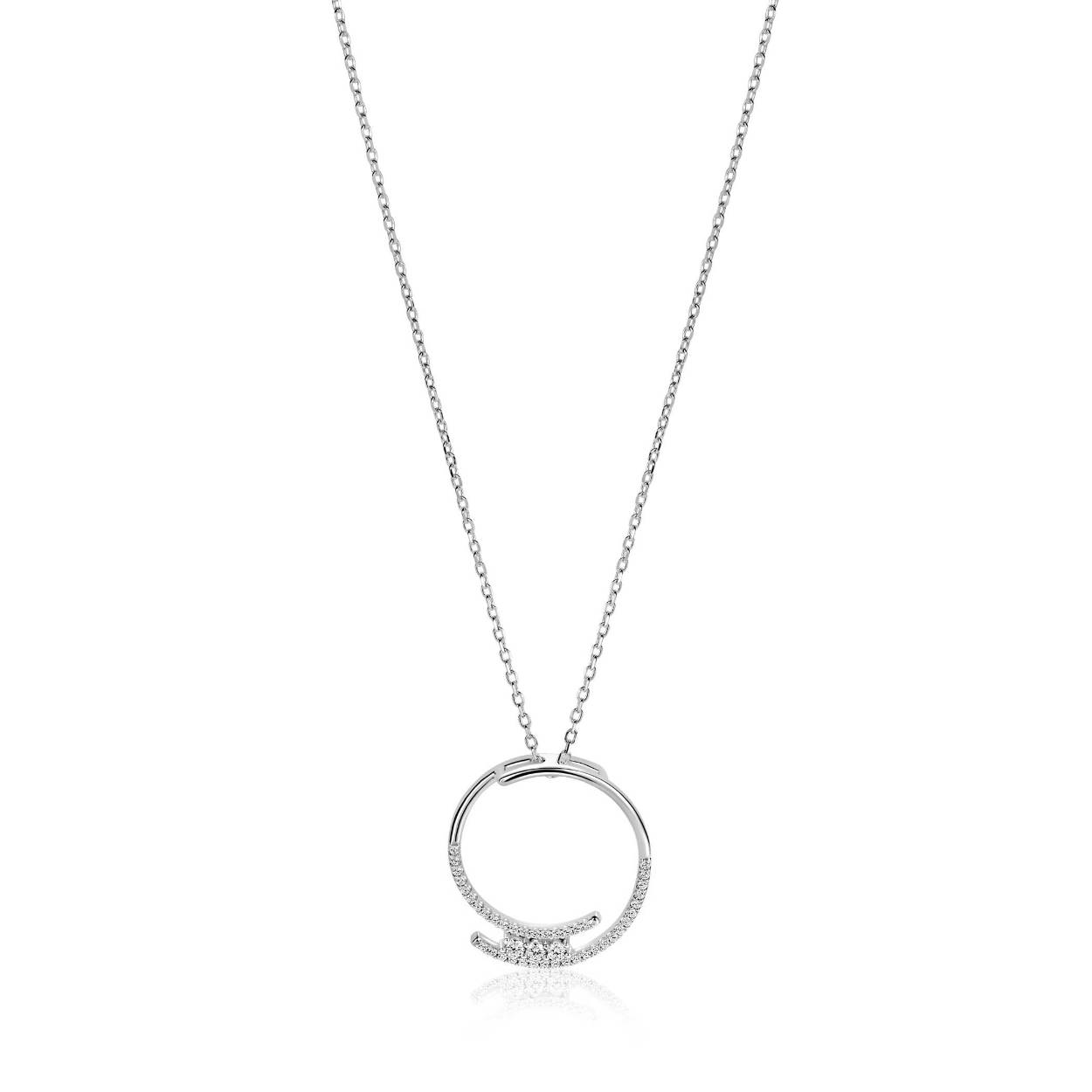 ZINZI zilveren ketting met een opvallende open ronde hanger (25mm), speels bezet met witte zirkonia's. De lengte van de ketting is te variëren tussen 40cm en 45cm. Vervaardigd van eerste gehalte zilver (925) en voorzien van een extra rodiumlaag voor een langdurige glans.
