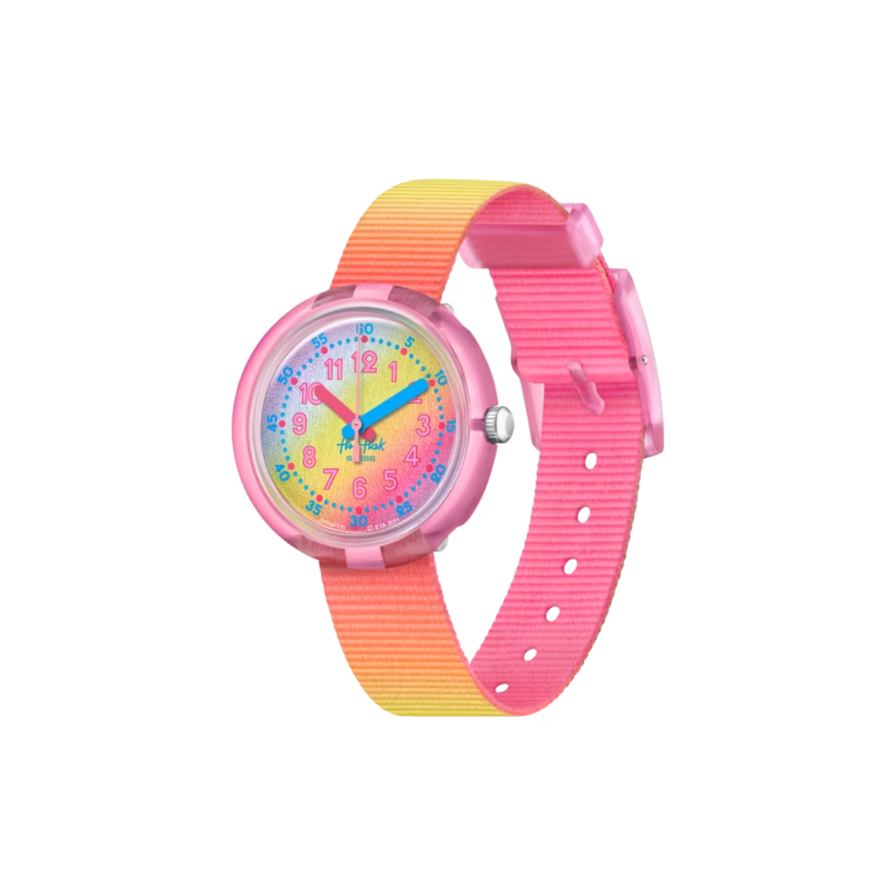 Dit Flik Flak horloge heeft een kunststof kast met een diameter van 30 mm en is voorzien van een textiel band. In de kast bevindt zich een ETA kwaliteitsuurwerk en is afgewerkt met Plexiglas.

Het horloge is 3ATM. Dit betekent dat het horloge spatwaterdicht is.. Verder wordt het horloge geleverd met 2 jaar garantie.