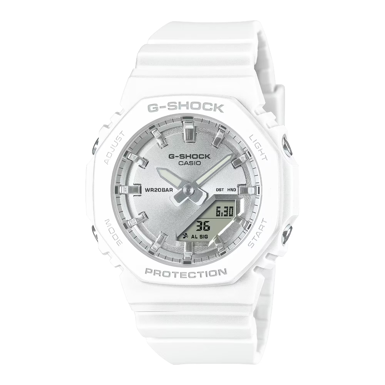 Schitter in het leven zoals de zon op een zomerse dag met de volledig witte G-SHOCK.

We zijn begonnen met een volledig witte basis. De wijzerplaat en de indexmarkeringen hebben we afgewerkt in een zilverkleurige dampafzetting om deze horloges te laten schitteren als zonlicht dat door de oceaan wordt weerkaatst. 

Een fonkelend, zilverkleurig modeaccessoire dat bewondering oproept: het perfecte zonovergoten horloge om je zomer mee te beginnen!