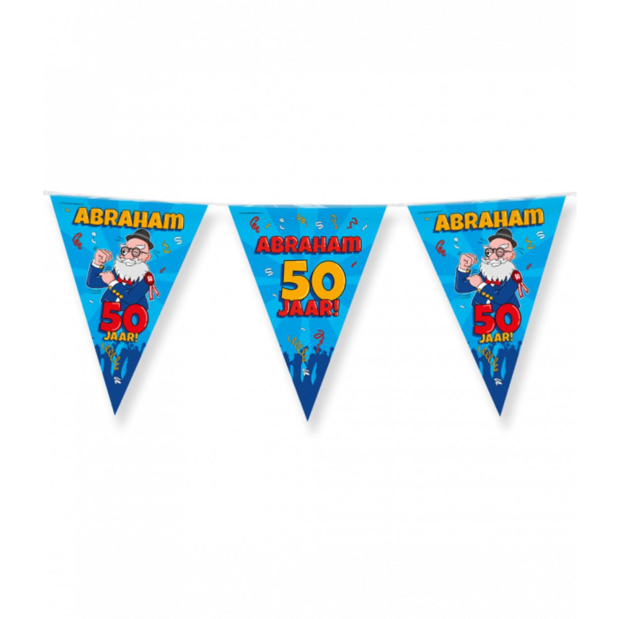 De vlaggenlijn Abraham (cartoon) is de ideale versiering op een feestje van iemand die 50 wordt en dus Abraham ziet. Door de gebruikte kleuren en het vrolijke design vallen deze party vlaggen dan ook extra goed op! De vlaggetjes zijn gemaakt van folie, hebben een lengte van 10 meter