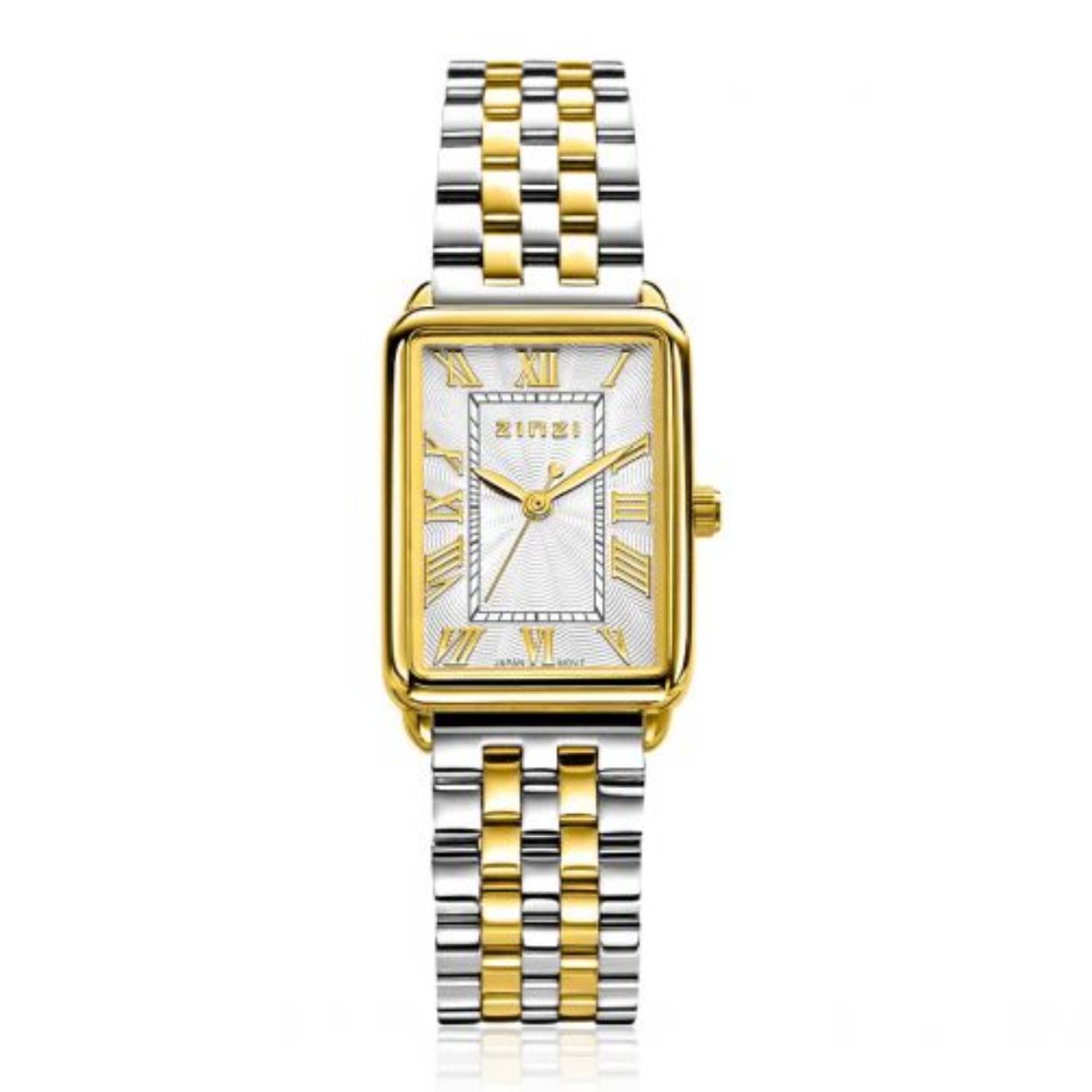 ZINZI Elegance bicolor horloge witte wijzerplaat 

Rechthoekige goudkleurige kast en bicolor stalen schakelband 

28mm 

3 ATM