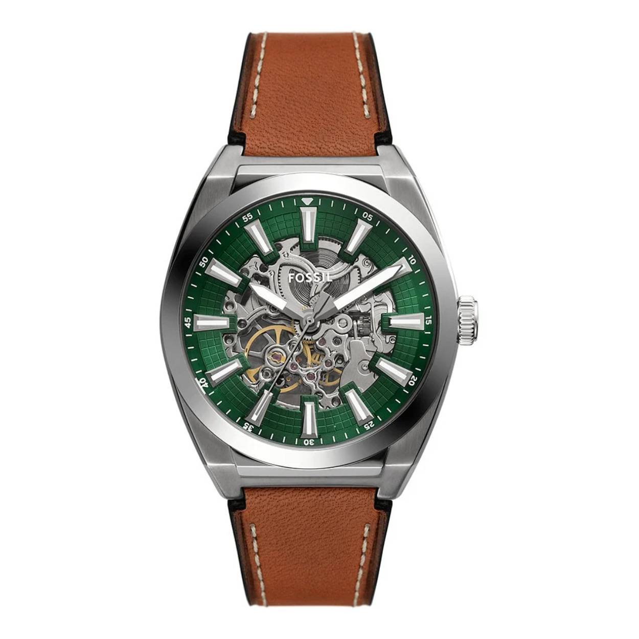 Dit klassieke Everett horloge heeft een on-trend look voor dit seizoen, met een gedurfde groene doorschijnende wijzerplaat, automatisch uurwerk, opvallende uuraanduidingen en een bruin leren bandje.