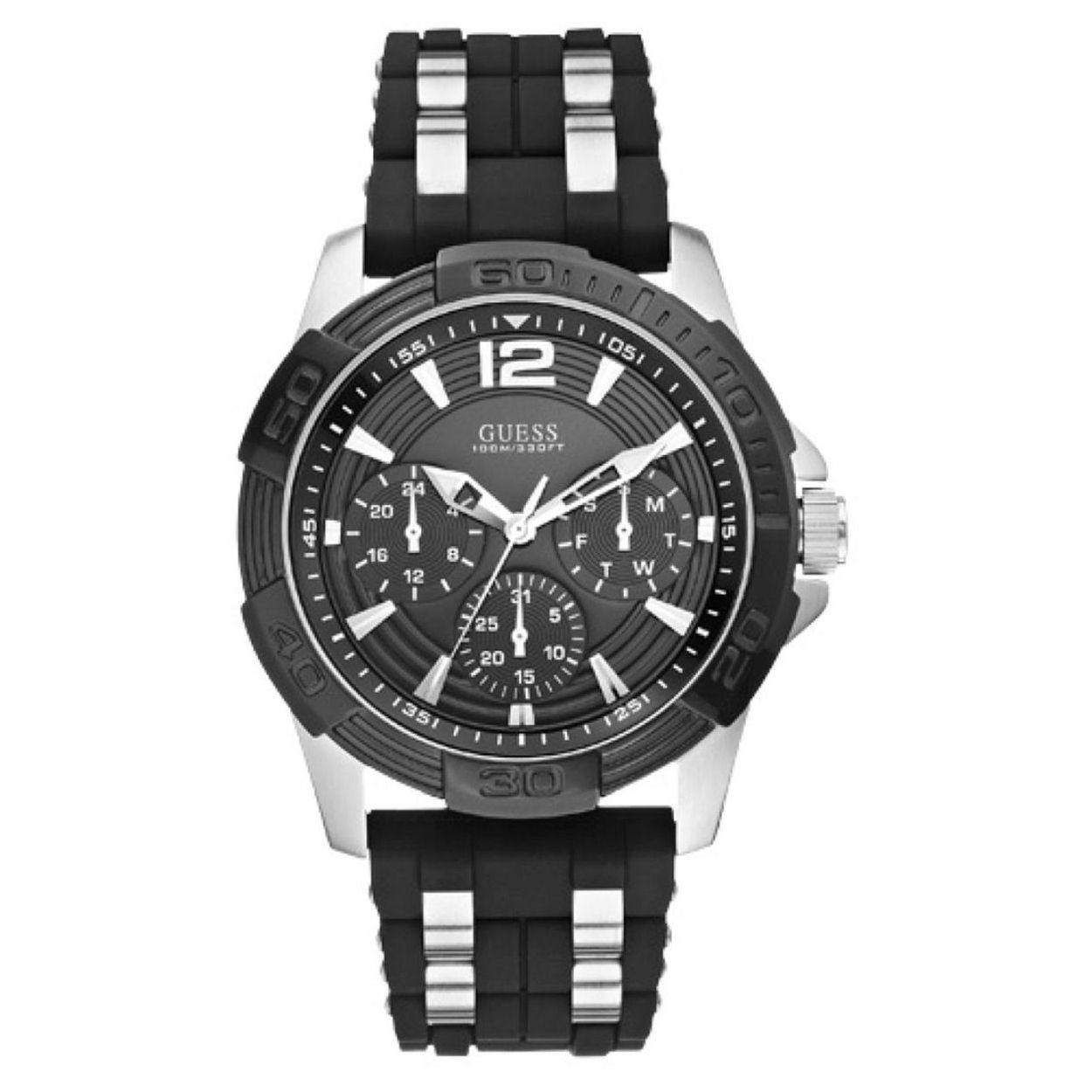 Dit zwarte GUESS Oasis herenhorloge is stoer en robuust met zijn chronolook en siliconenband met gespsluiting. De details van roestvrij staal zorgen voor een opvallend eigentijds design. De diameter van de kast is 43,5 mm en het horloge is tot 5 ATM waterdicht. Model: W0366G1