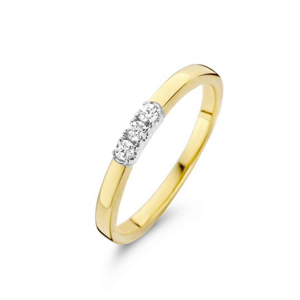 14 krt. Geelgouden damesring met 3 diamanten, totaal 0.27 crt. 
Deze ring maakt onderdeel uit van het groeibriljant systeem. Ook kunnen er later diamanten bijgezet worden.