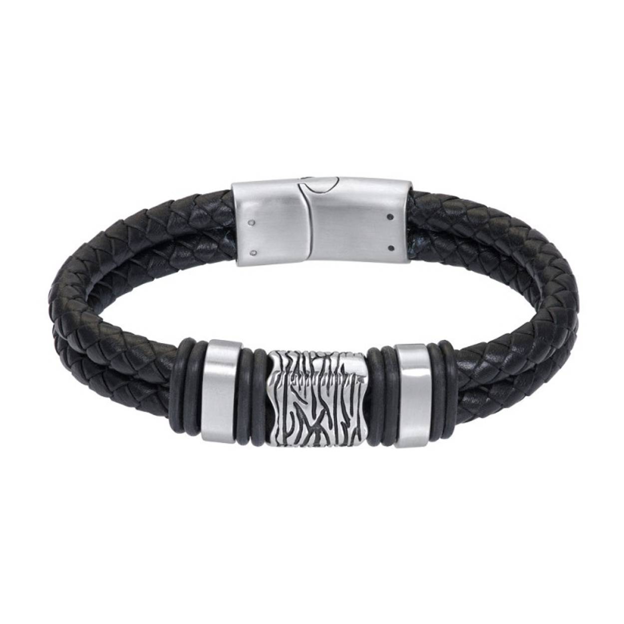 De iXXXi Men armband James bestaat uit een combinatie van zwart leder en mat zilverkleurige details gemaakt van stainless steel. De bracelet bestaat uit twee ronde, gevlochten, leren armbanden die samenkomen bij de sluiting.