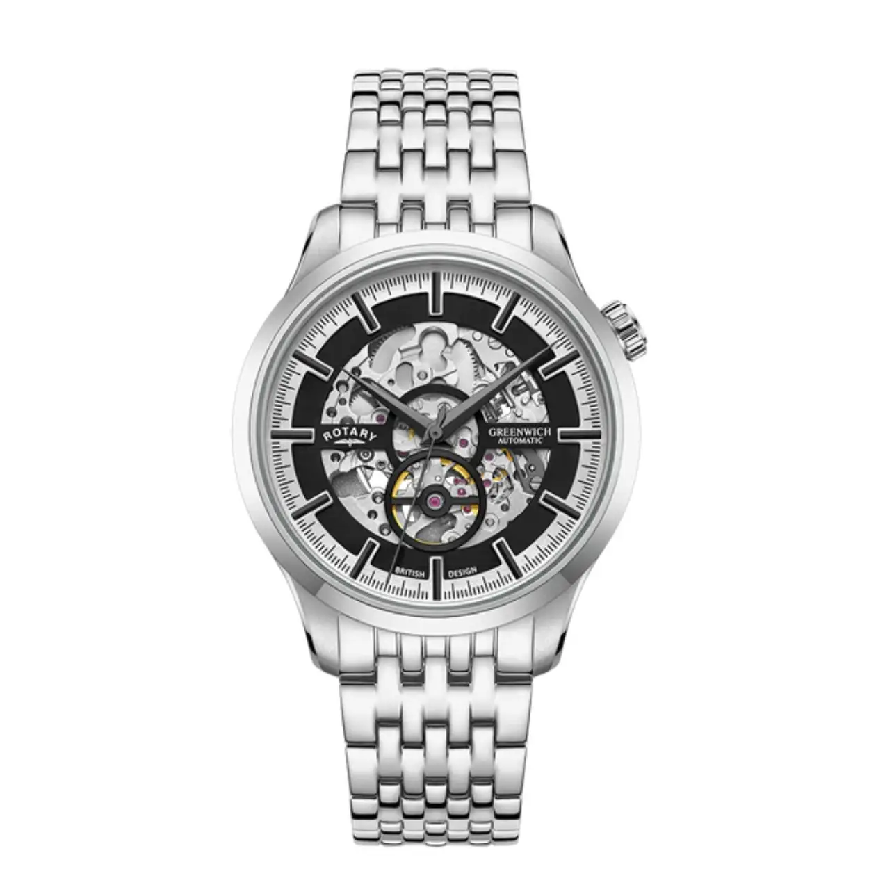 Building on its phenomenal success, this season the iconic Skeleton family returns with a new look to give you the power to choose the right style for you.


Extroverted and impactful, this Skeleton timepiece boasts a 42mm stainless steel case with an exhibition case back and crown at 2 o'clock. A carefully positioned cut-out dial guides the viewer's eye around a Miyota 8N24 mechanical movement. It features black applied indexes and a contrasting inner track, adding dimension to this intricate piece. This model is protected by a scratch-resistant Sapphire glass and is water resistant up to 50m.
Whichever style you choose, be invigorated by the power of the Rotary Skeleton watch.