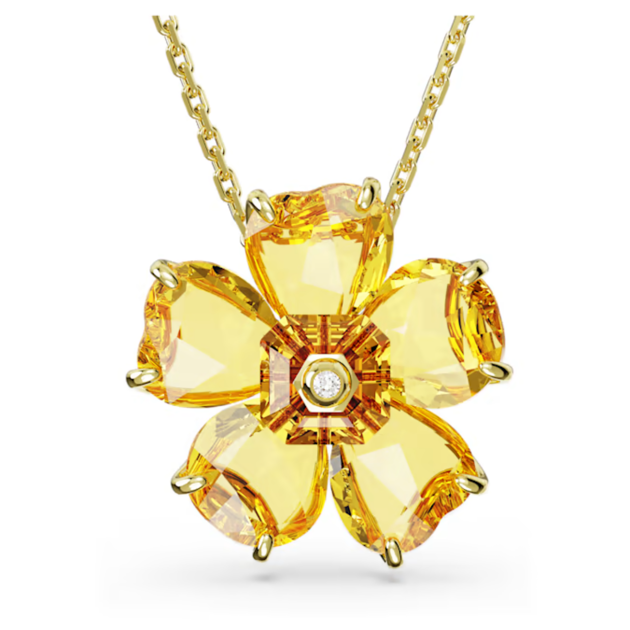 Verrijk uw stijl met de sprankelende schoonheid van de natuur. Deze vrolijke ketting uit de Florere-lijn is ontworpen met een bloem in volle bloei en voorzien van een goudkleurige toplaag en facetgeslepen gele kristallen. De hanger is gecombineerd met een schuifketting met een enkele schitterende steen aan het uiteinde.