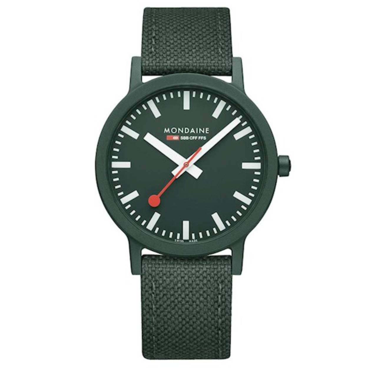 Mondaine MS1.41160.LD Essence Green Park 41mm
Dit unieke Mondaine horloge met nummer: MS1.41160.LD is een heel duurzaam horloge. De recyclebare kunststof kast van het Essence horloge is gemaakt van Castor-olie. De rubberen banden bevatten 38% natuurlijk rubber. Andere banden zijn gemaakt van kurk met een fleece � gemaakt van gereclyclede PET-flessen. Op de groene wijzerplaat zijn de uren en minuten strepen duidelijk zichtbaar met als blikvanger de rode secondewijzer, net als een stationsklok. De groene band maakt het een sportief geheel. Het horloge heeft een swiss made uurwerk, een doorsnee van 41mm en is 3 ATM. 

Het Merk:
The Official Swiss Railway Watch. Gebaseerd op de offici�le stationsklok van de Zwitserse spoorwegen, is 30 jaar geleden de horlogelijn onder het merk Mondaine opgezet. Zwitserse kwaliteitsuurwerken, net zo punctueel als de Zwitserse treinen. Een echte design klassieker met een unieke wijzerplaat en de wereldberoemde rode secondewijzer met bolletje. Herkenbaar uit duizenden.

Specificaties:
- Mineraalglas
- Groene wijzerplaat
- Swiss Made ?
- 3 ATM (Regen- & spatwaterdicht)
- � 41mm?
- EAN: 7611382611901
